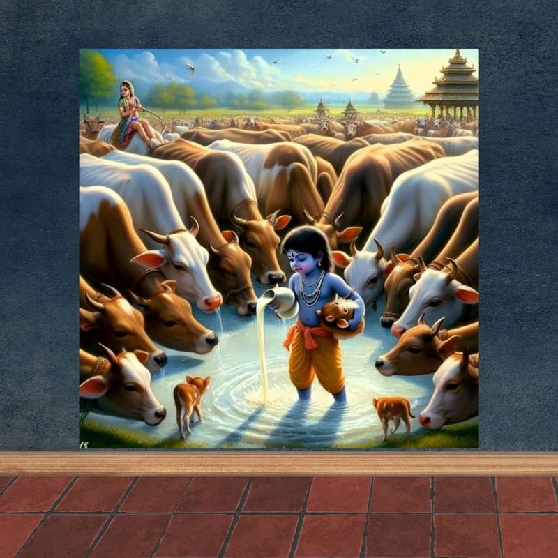 Image of British Terminal Cute little Bal Gopal Baby God Krishna| Kanha Ji | Laddu Lord Makhan Chor Painting Religious Poster for Pregnant Women for wall (matt thin vinyl,sticker,multicolor,unframed)| bj55
