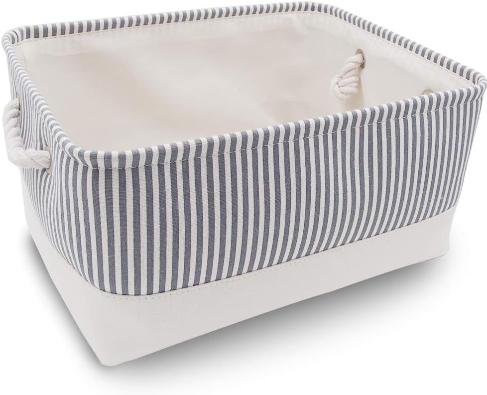Mangata Foldable Storage Box, Thickened Fabric Storage Basket with Handles for Shelves Toy (L, Grey Stripe)