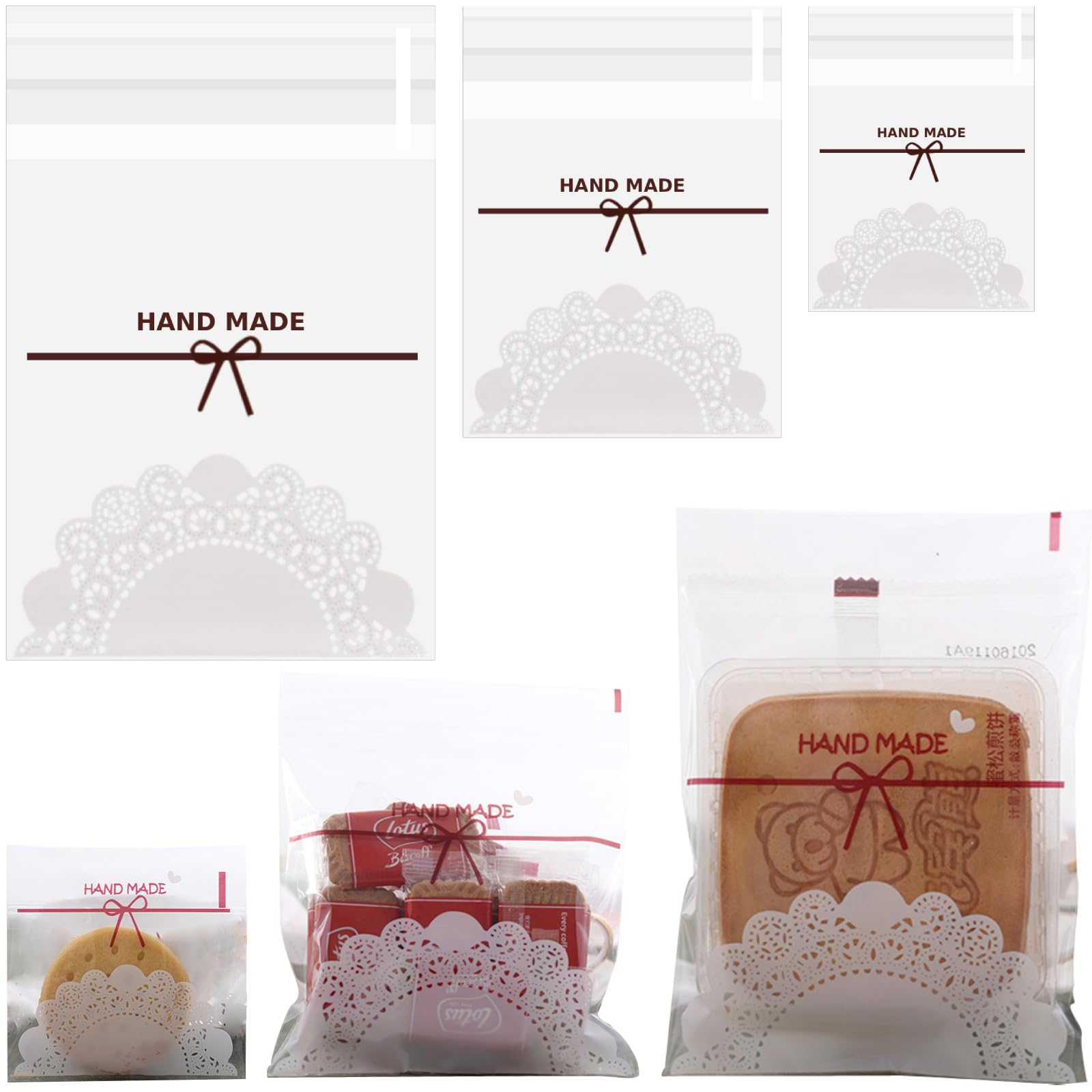 Betterjonny Clear Cellophane Bags Pack Of 300, Three Size 2.7X2.7, 4.7X4.7, 5.9X7 Inch Lace Pattern Cellophane Sweet Cookie Bag, Food Safe, Seal Self-Adhesive Opp Display Sealable Bags For Party Favours