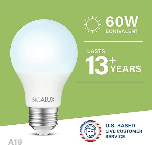 Miniatura 30 de Sigalux Bombilla LED A19 equivalente a 60 W, bombillas LED de luz diurna 5000K 800LM E26 base media, no regulables bombillas LED estándar de 9.5 W