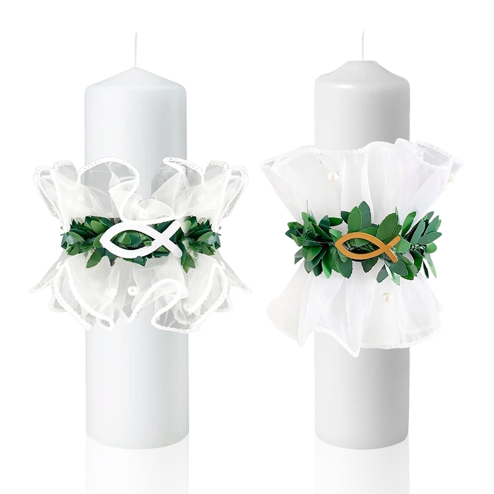 2 Stück Tropfschutz Kommunionkerze & Taufkerze - Kerzenrock mit Eukalyptus Fisch Taube - Tropfenfänger Kommunionkerze Weiß - Kerzendeko für Kerzen Ø 3-6 cm - Kommunion Deko