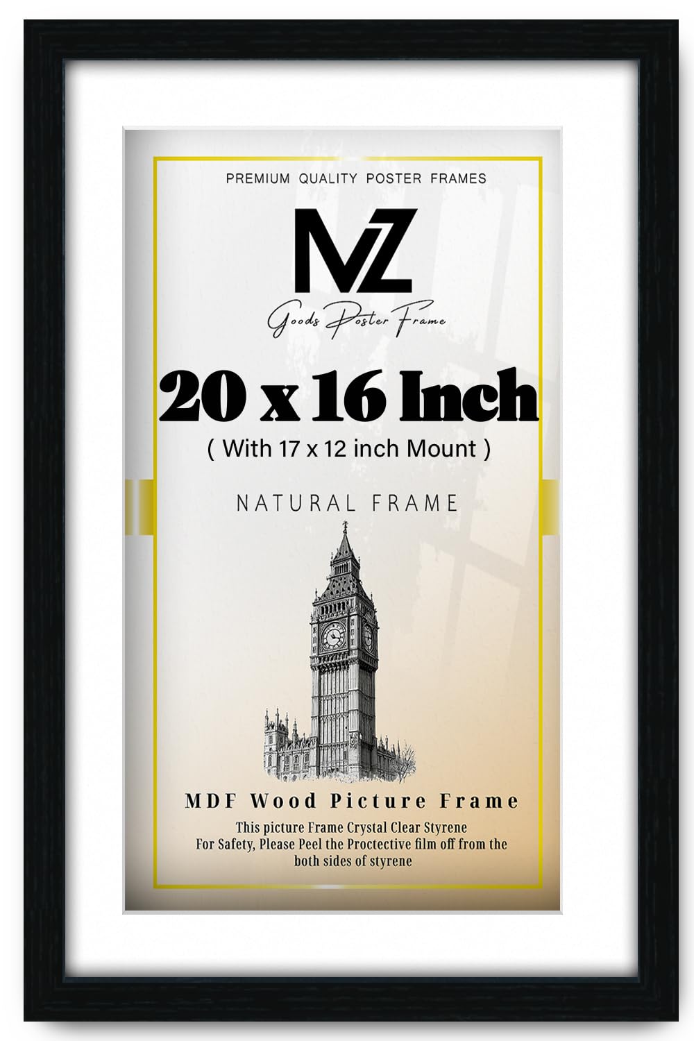 MZ GOODS | Medium 20 Inch x 16 Inch With (17 x 12 Inch) White Mount Eton Wood Black (50.8 x 40.64 cm) Frame Perfect for Art Display [ Black ]