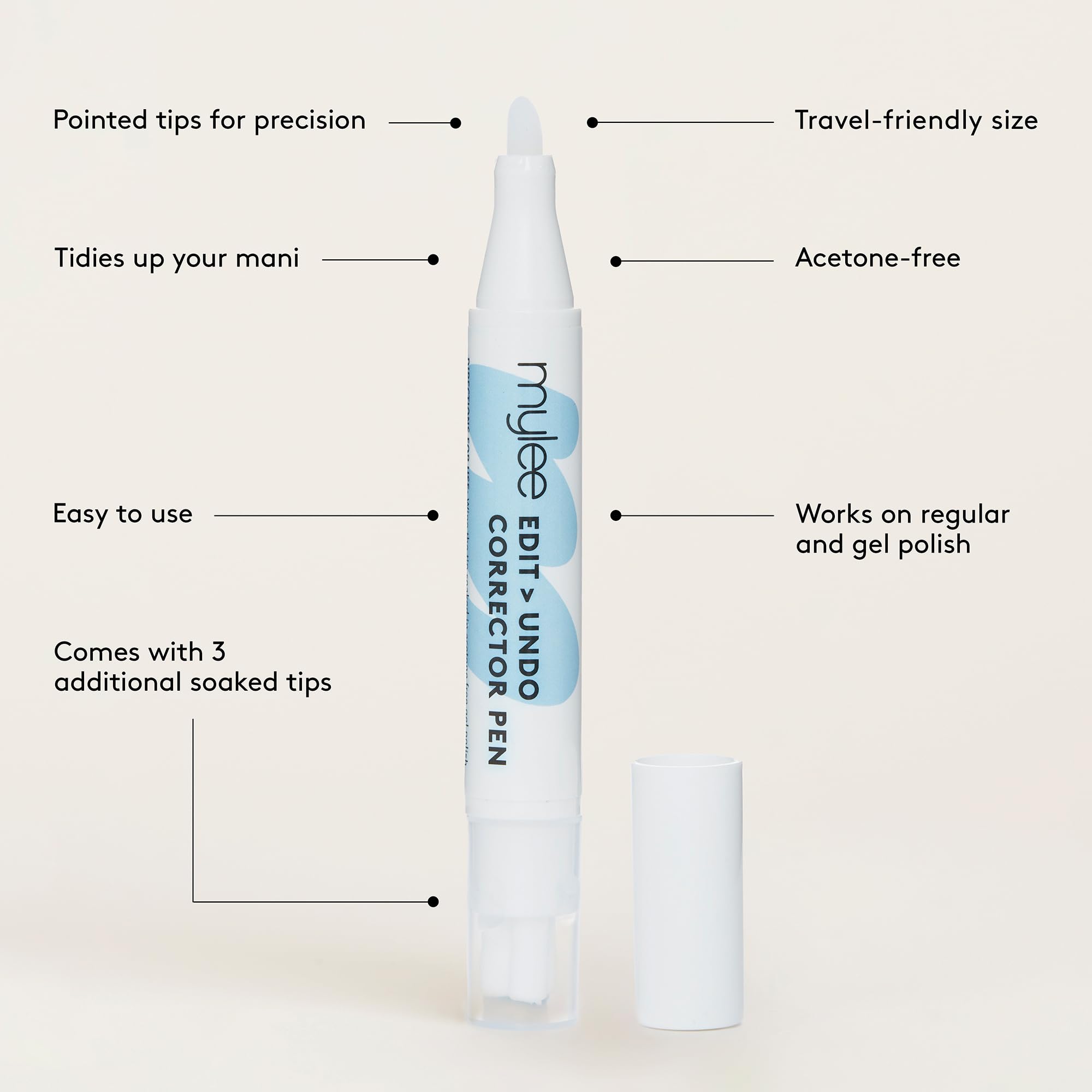 Mylee Edit Undo Penna Correggi Smalto Ricaricabile: Manicure Impeccabile e Facile - Solvente Gel Senza Acetone con Punte di Ricambio e Risultati Puliti