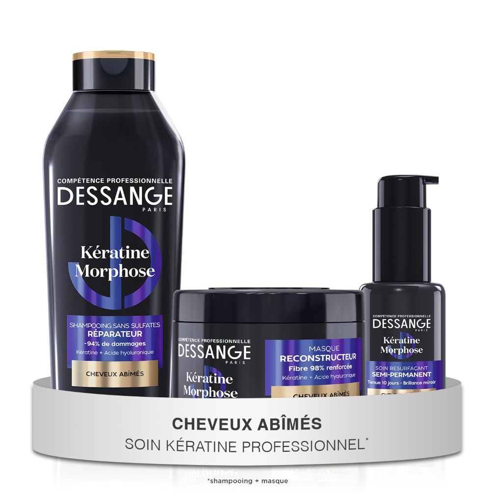 DESSANGE - Routine Cheveux Réparatrice & Resurfaçante Kératine Morphose - Shampoing 280ml + Masque 280ml + Soin Sans Rinçage 50ml - Répare & Scelle La Fibre Capillaire - Cheveux Secs & Abîmés