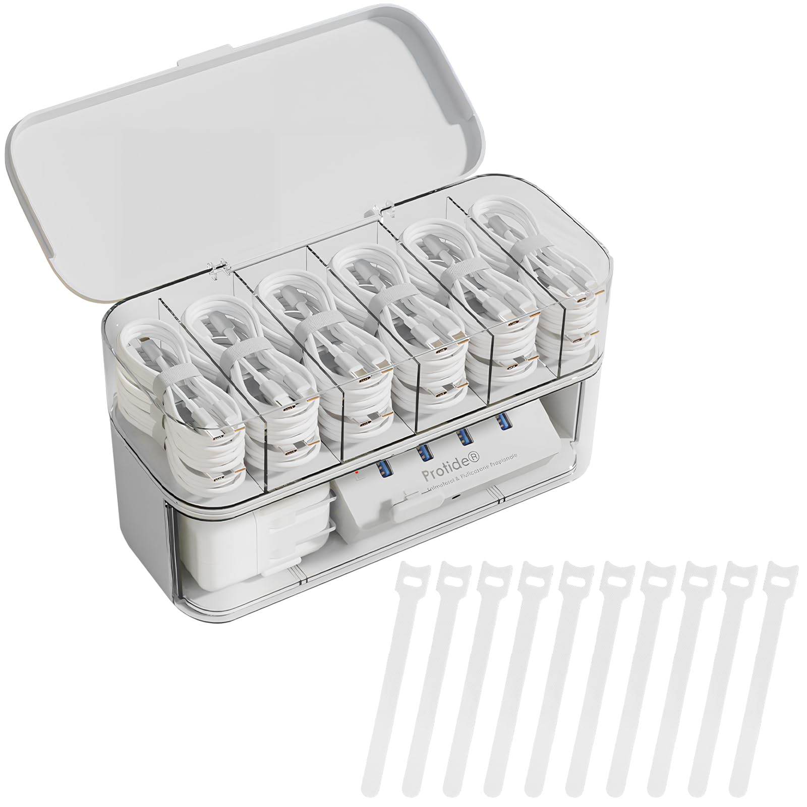 Kabel-Speicherbox mit Deckeln, Kabel-Management-Box mit 6 Gittern und 10 Drahtbindungen, Kunststoff-Datenkabel ordentliche Speicherhülle für Netzkabel, Ladestecker, Desktop Sundrie