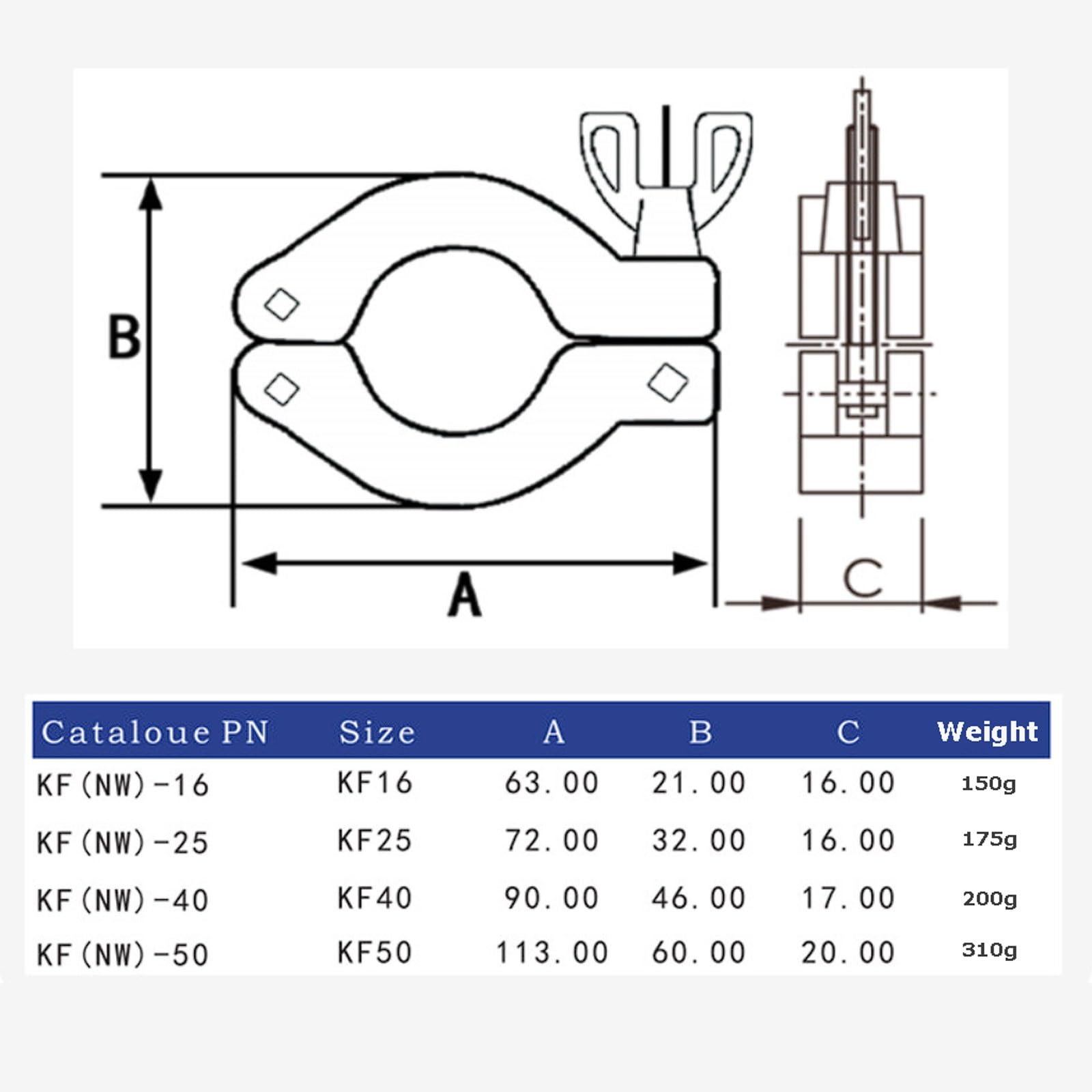 Fascette per vuoto in acciaio inox 304, 4 set di supporti per tubi a montaggio rapido con staffe in alluminio e anelli in nitrile, KF16-KF50(KF50)