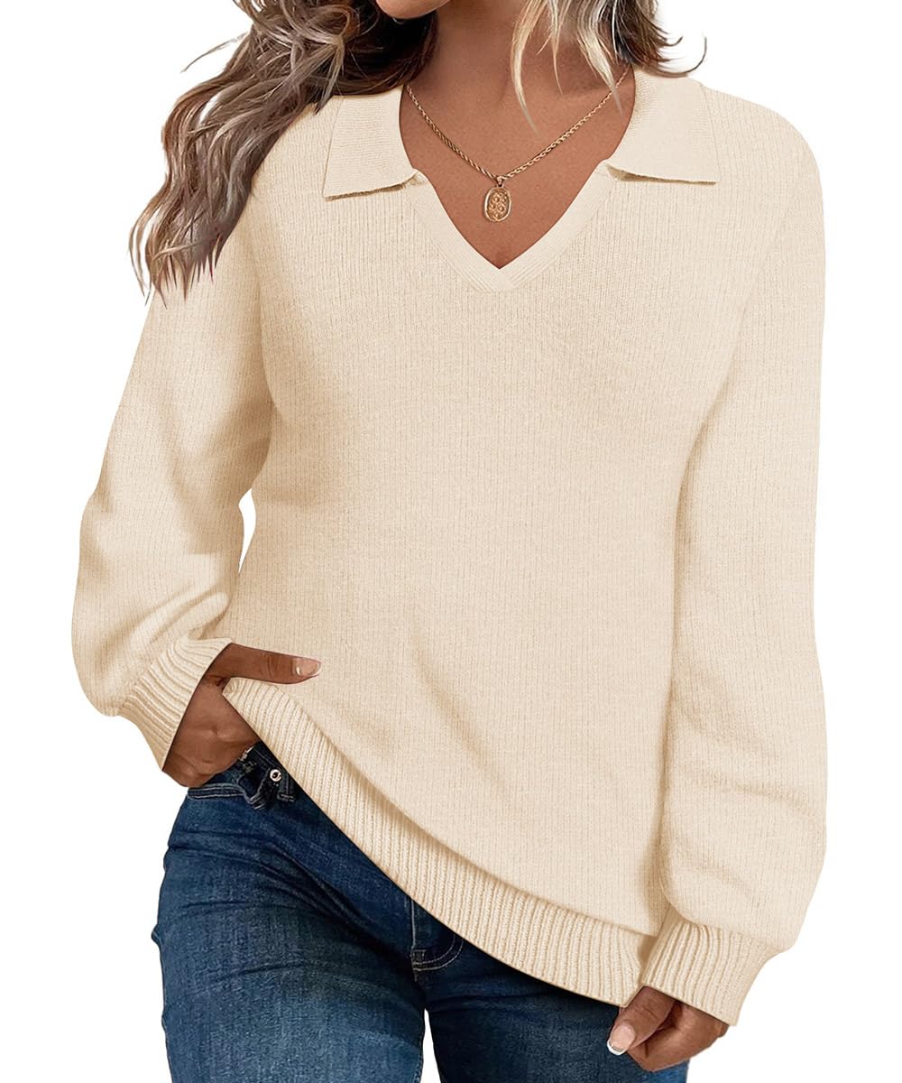 CARCOS Plus Size Sweaters for Women Long Sleeve Pullover Sweaters Lapel Collared Vneck Knit Jumper Tops Fall Winter XL-5XL
