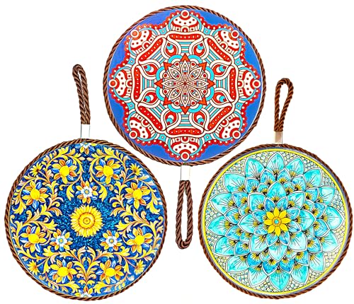 XIUXIU Ceramic Trivet Mat Set 3 Pcs, Heat Proof Trivets- Hot Pads-Ceramic-Cork - Vintage Pattern-Easy to Clean -Wear Resistant-17CM*17CM*0.8CM