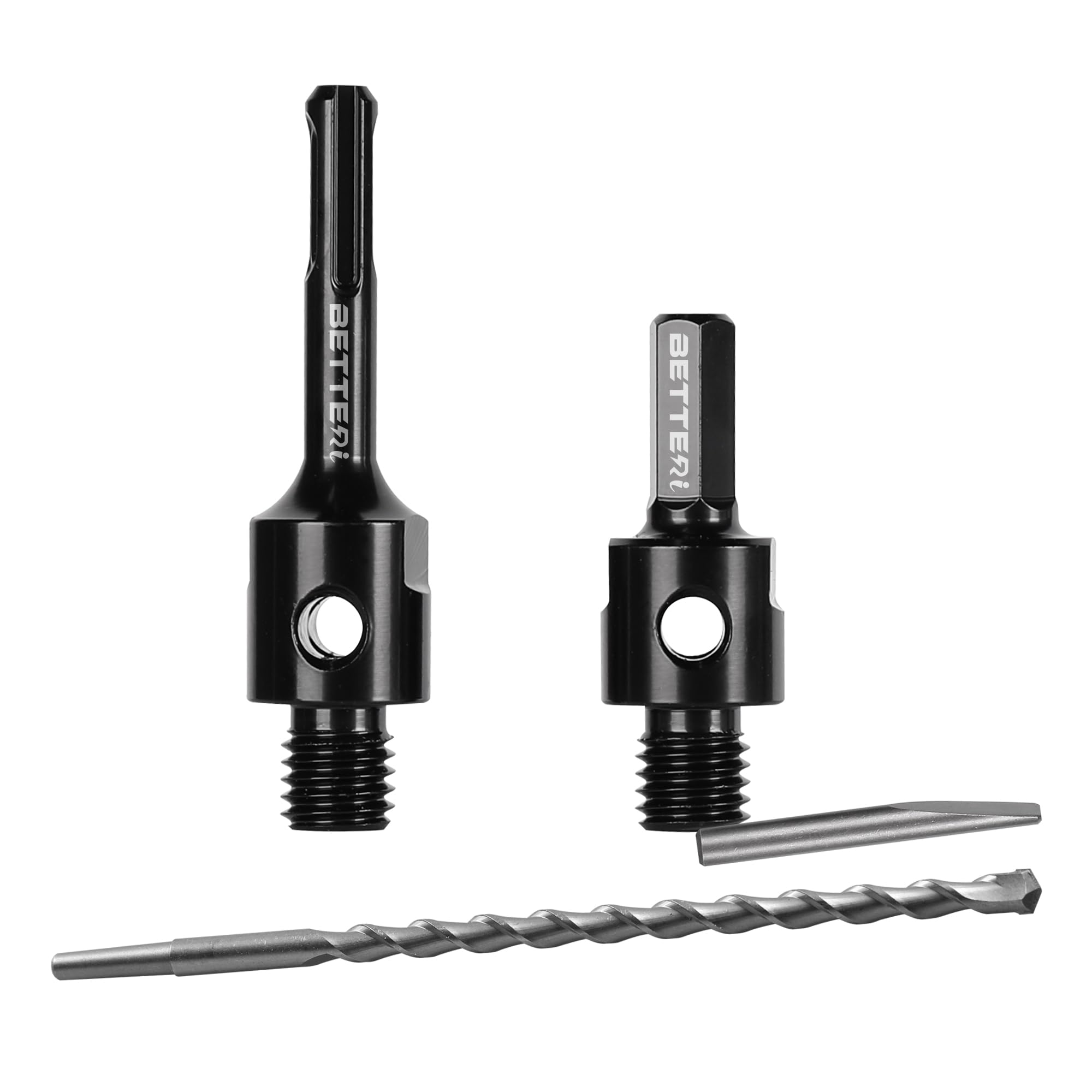 BETTERI 5/8"-11 Core Drill Bit Adapters with 11.81" Pilot Bit, SDS-Plus to 5/8-11 Adapter & 1/2" Hex Shank to 5/8-11 Male Drill Bit Adapter for Threaded Diamond Core Drill Diamond Hole Saw