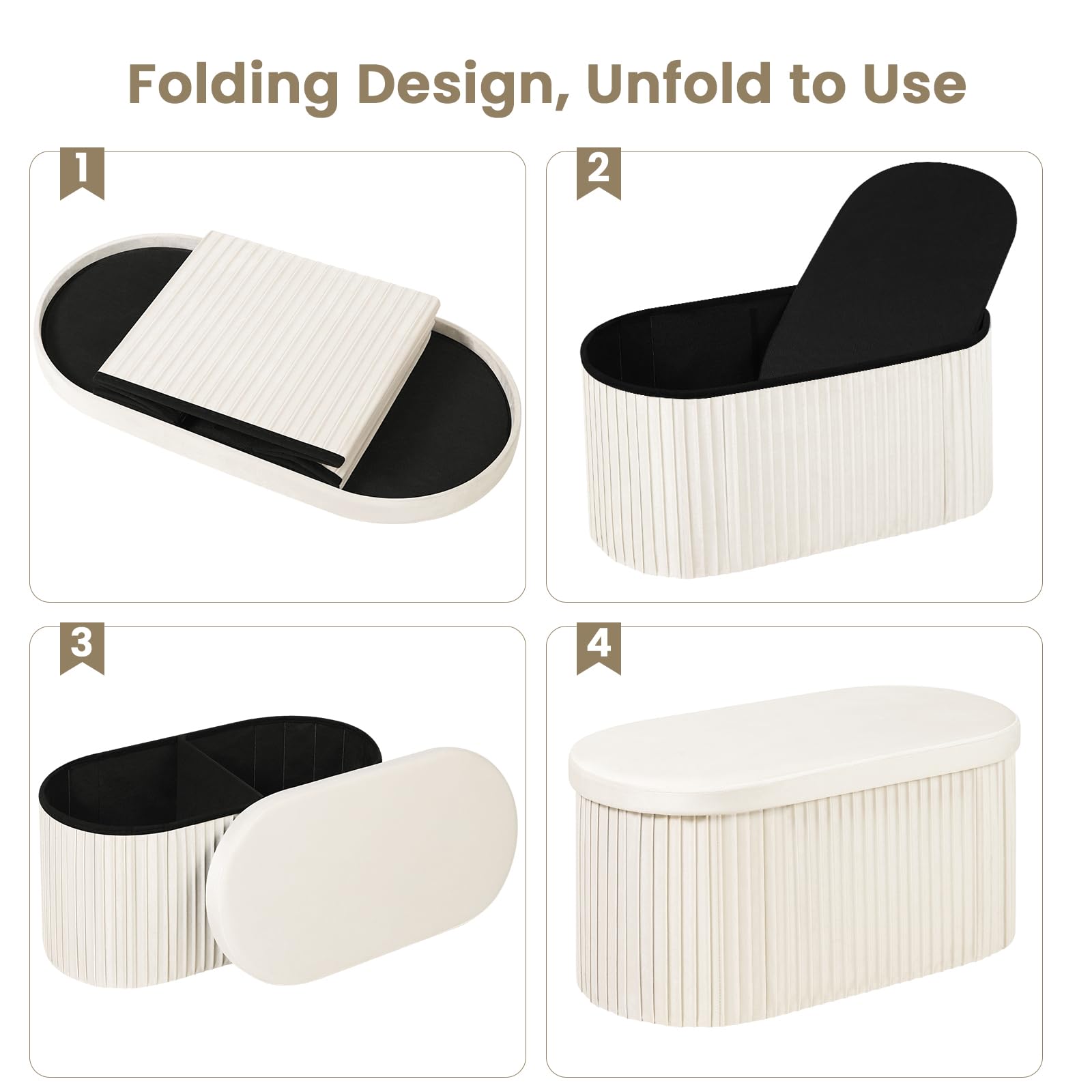 WOLTU Panca Contenitore, Cassapanca Contenitore Interno 76L, Poggiapiedi da Divano Pieghevole, Coperchio Rimovibile, per Soggiorno, Camera da Letto, 76x38x38cm, Crema