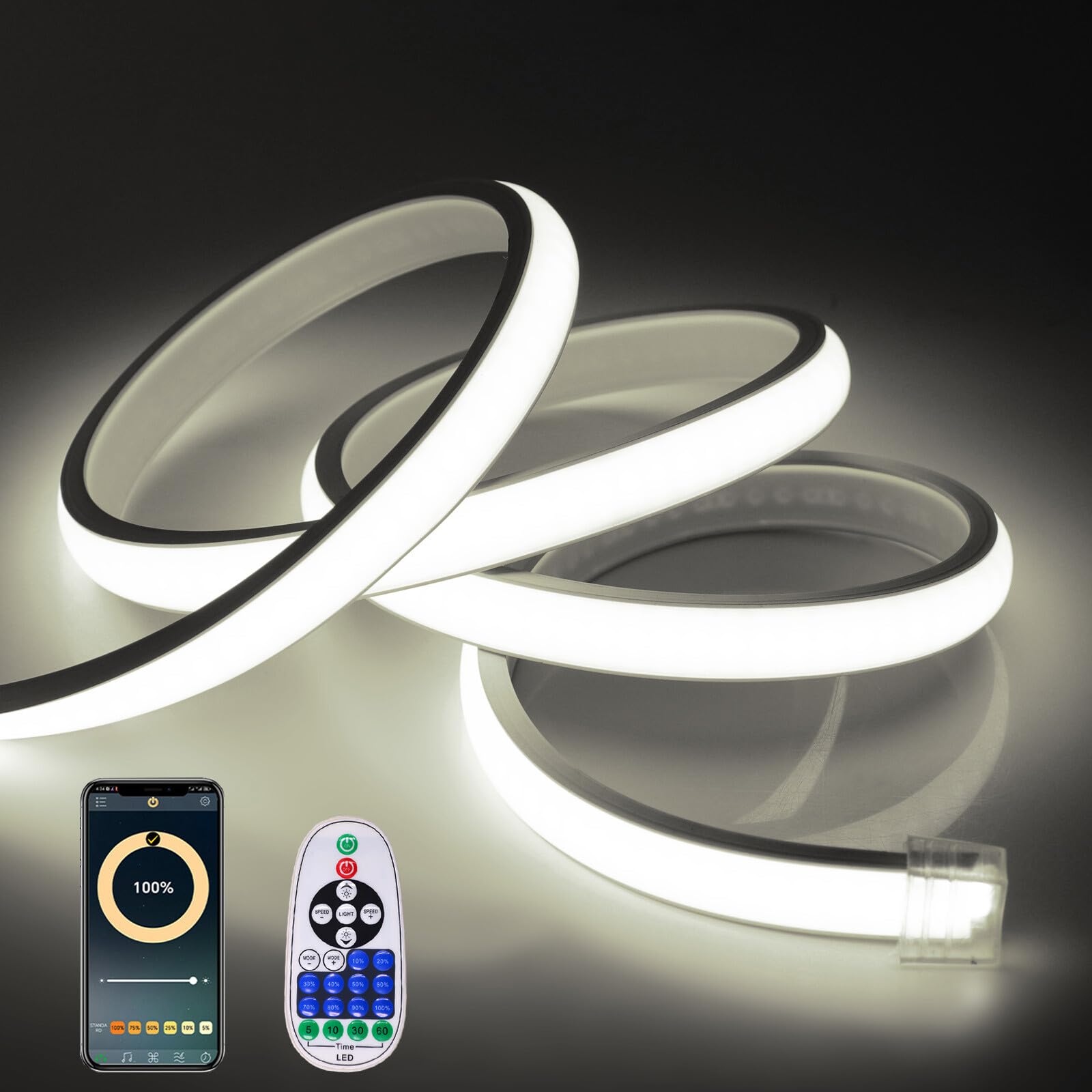 GQL Bluetooth & Music Sync Flexible Silicone COB Neon Light, 288 LEDs/m, Cut to 50cm, IP65 Waterproof LED Strip 220V with Dimmable 23-Key IR Remote (10m, Cold White)