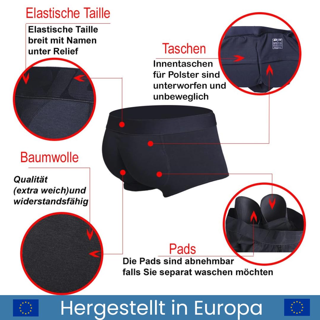 ARIUS Pack 2 Boxer-Unterhose mit Füllung in der hinteren - erweitert das Volumen und die Größe vom Gesäß - Men's Padded Buttocks - Men's Shapewear - Push UP Herren