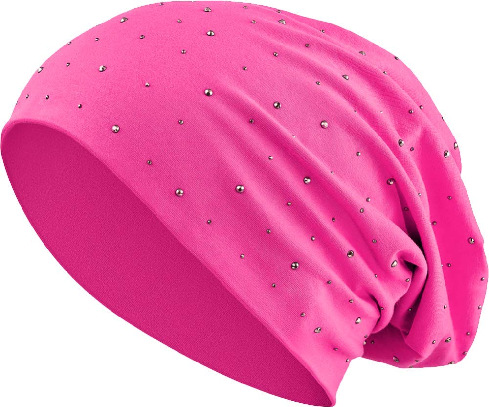 Balinco Jersey Cotton Elastic Long Slouch Beanie Unisex Men Ladies with Rhinestone Star Stones Hat Heather in 35 (7) (Pink)