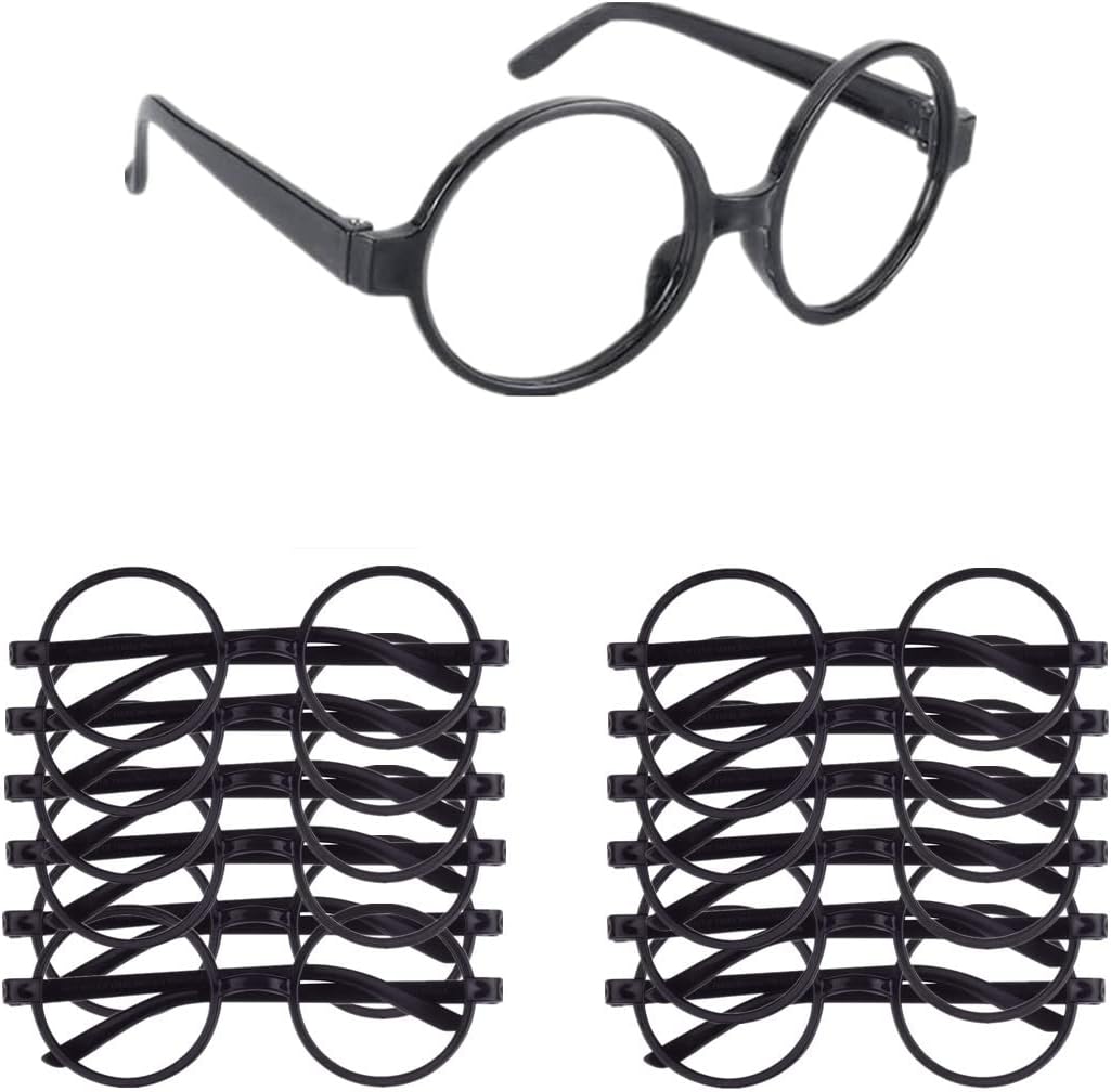 ZHIHUI Wizard Glasses with Round Frame Without Glasses and Flash Tattoos for Kids, Glasses Plastic Glasses Costume Accessories Halloween St Patrick Day Costume Party, 12 Pieces Each, Black