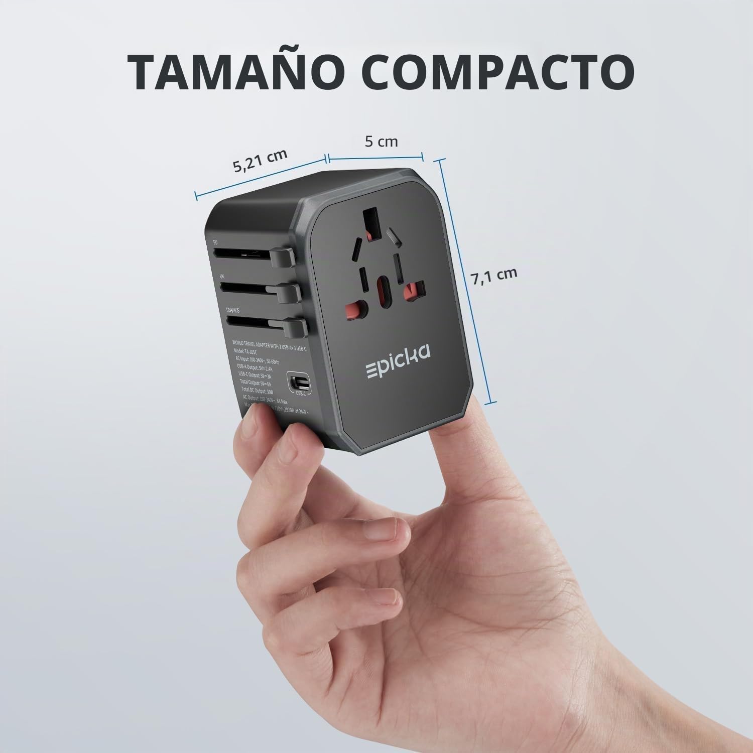 EPICKA Adaptador Enchufe Universal, Adaptador Universal Enchufe Viaje, Adaptador de Viaje con 3 USB-C y 2 USB-A, Cargador Universal Internacional para USA UK Japón, Irland, Austuralia, Negro