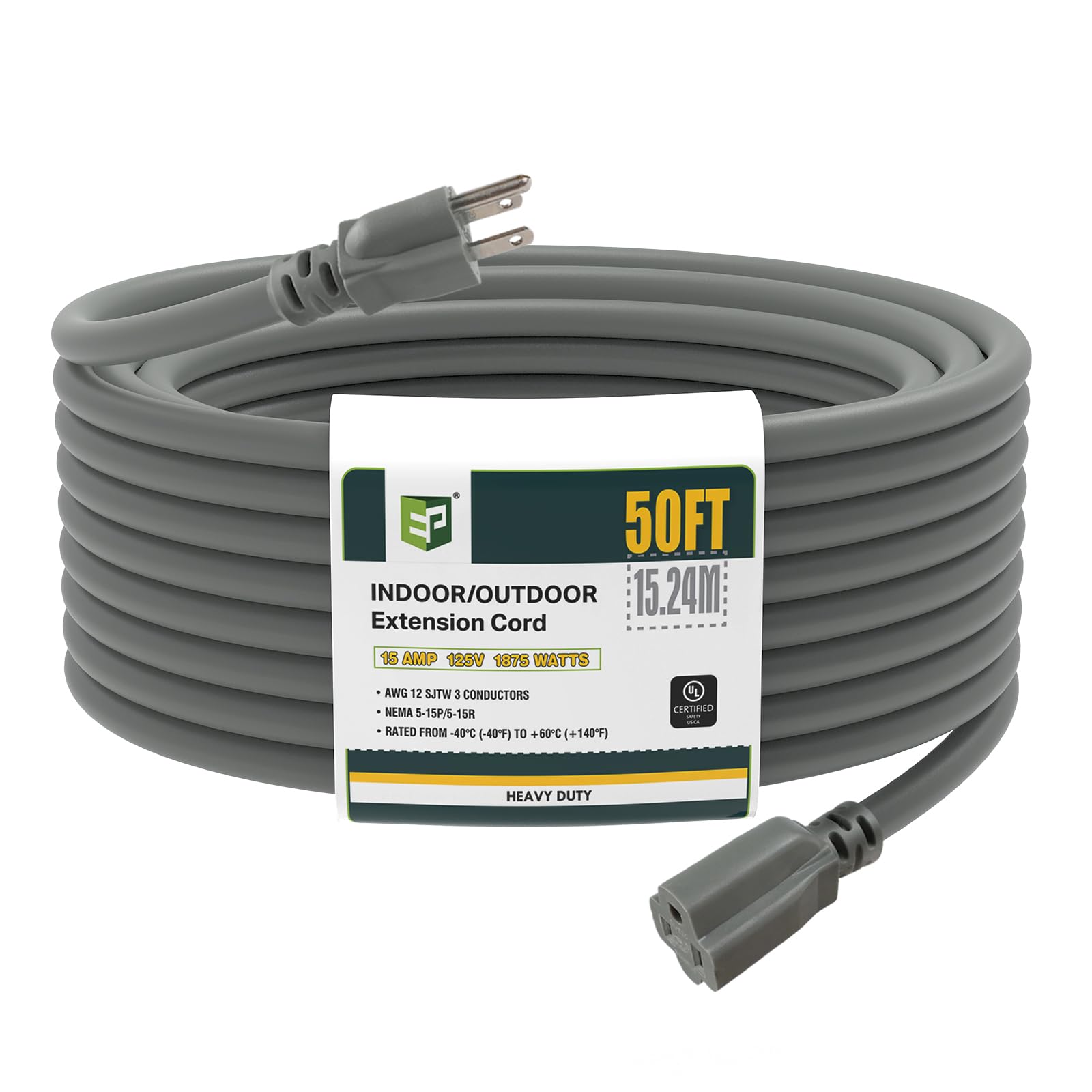 EP 50 Ft Outdoor Extension Cord, 12/3 SJTW Heavy Duty Extension Cable with 3 Prong Grounded Plug, 15 AMP Power Cord for Lawn, Garden, Appliances, Gray