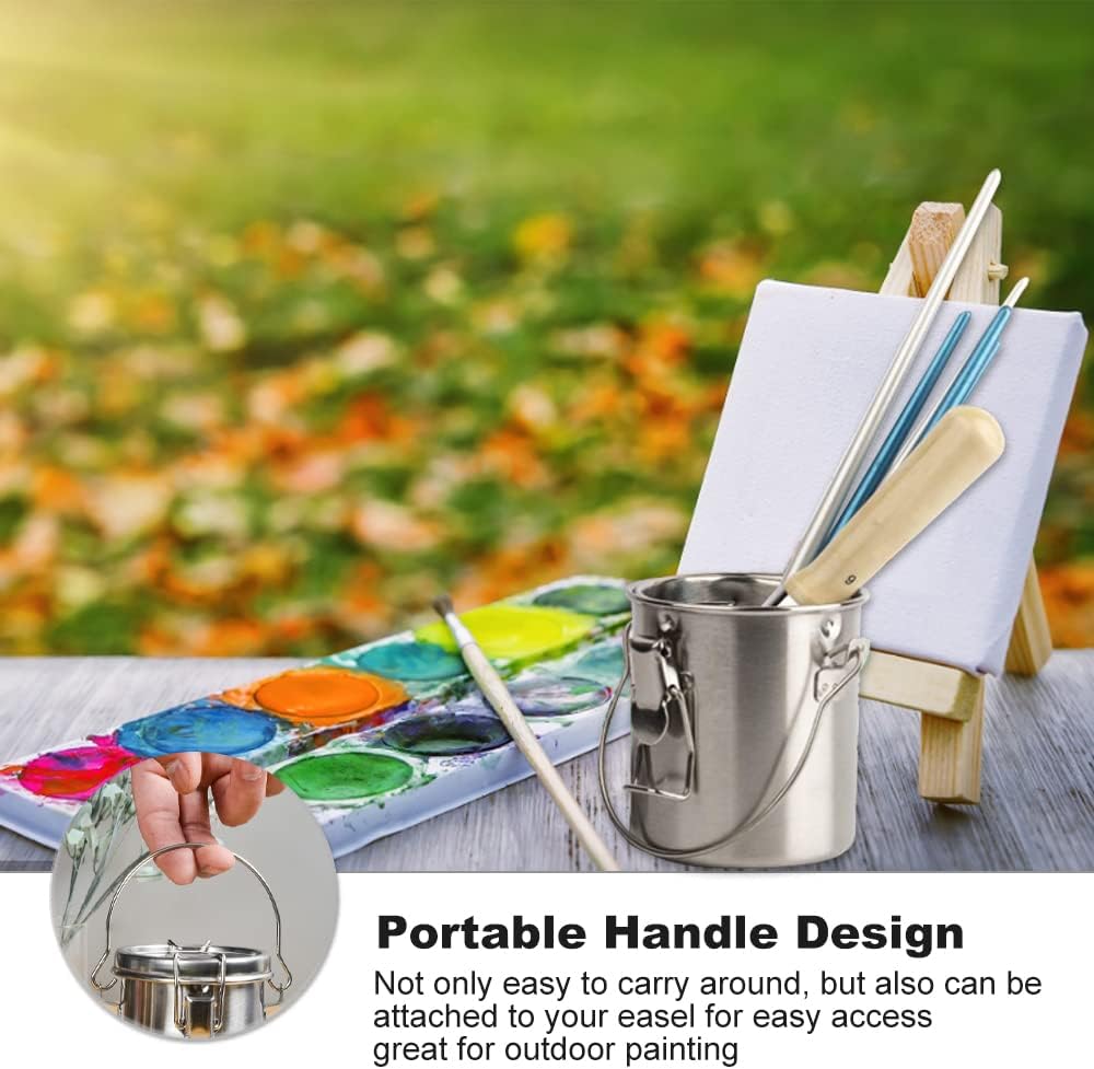 WENRERO Air Tight Brush Washer Portable Stainless Steel Brush Cleaner Artist Brush Washing Bucket Leak-Proof Wash Pen Barrel Pot with Lid & Handle & Filter Screen for Oil Painting Watercolour, Silver