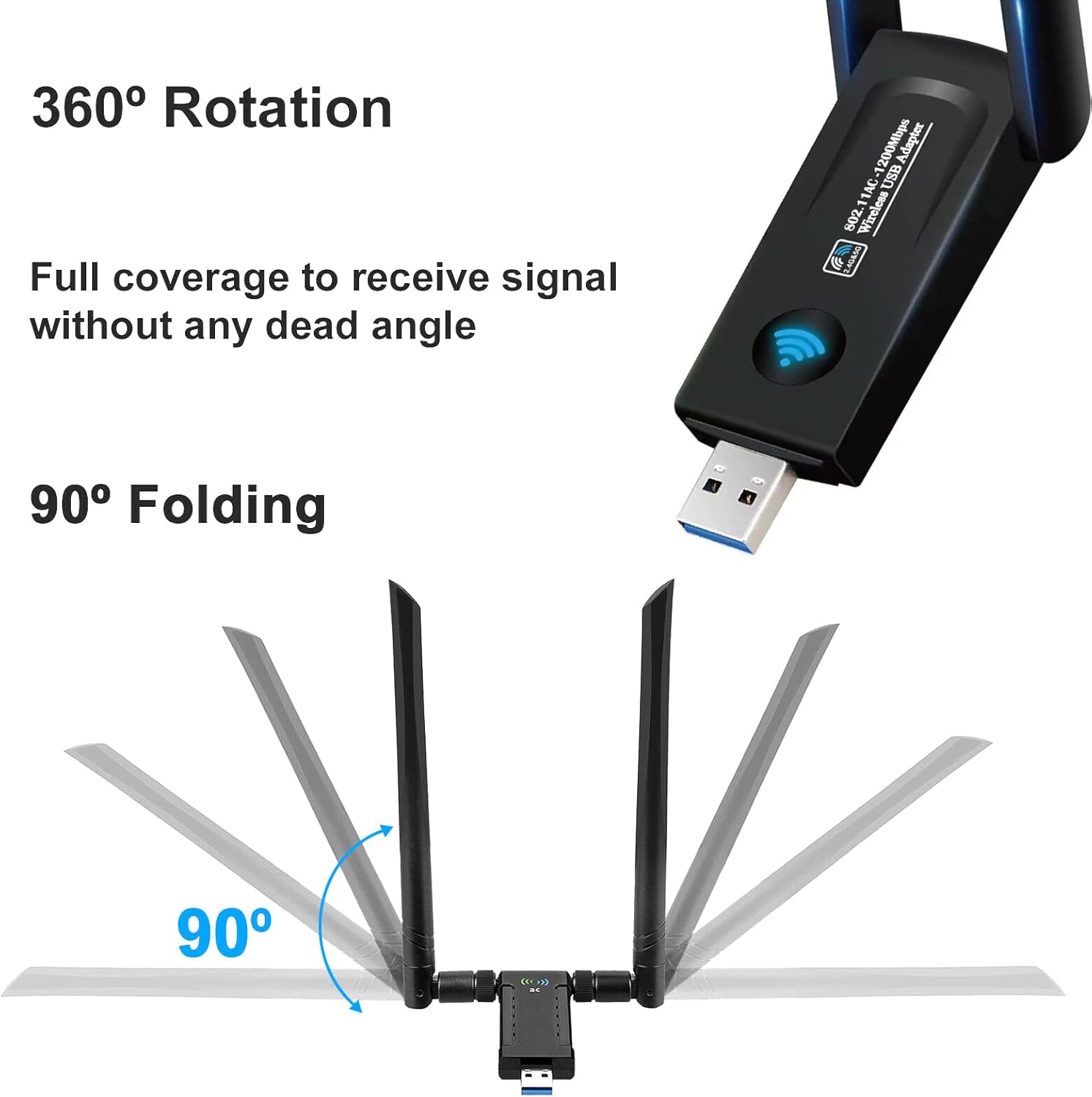 Mustpoint AC1200 USB WiFi Adapter showing 360 degree rotation and 90 degree folding of antennas