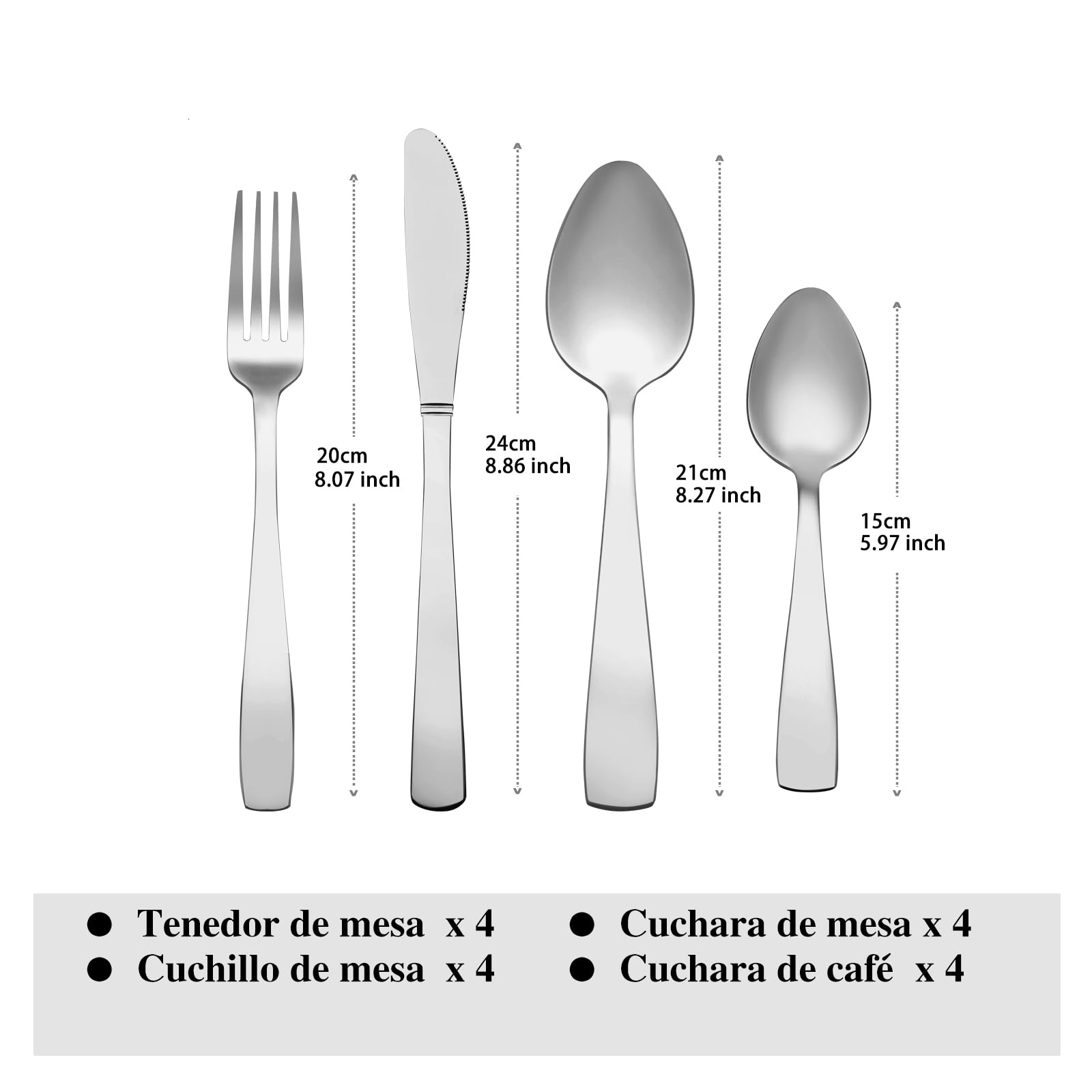 Juego de Cubiertos de Acero Inoxidable de 16 piezas -Otto Koning Hannover- pulido brillante. Cubertería para 4 personas. Set con Cuchara Cuchillo y Tenedor, Diseño Sencillo. Apto para lavavajillas