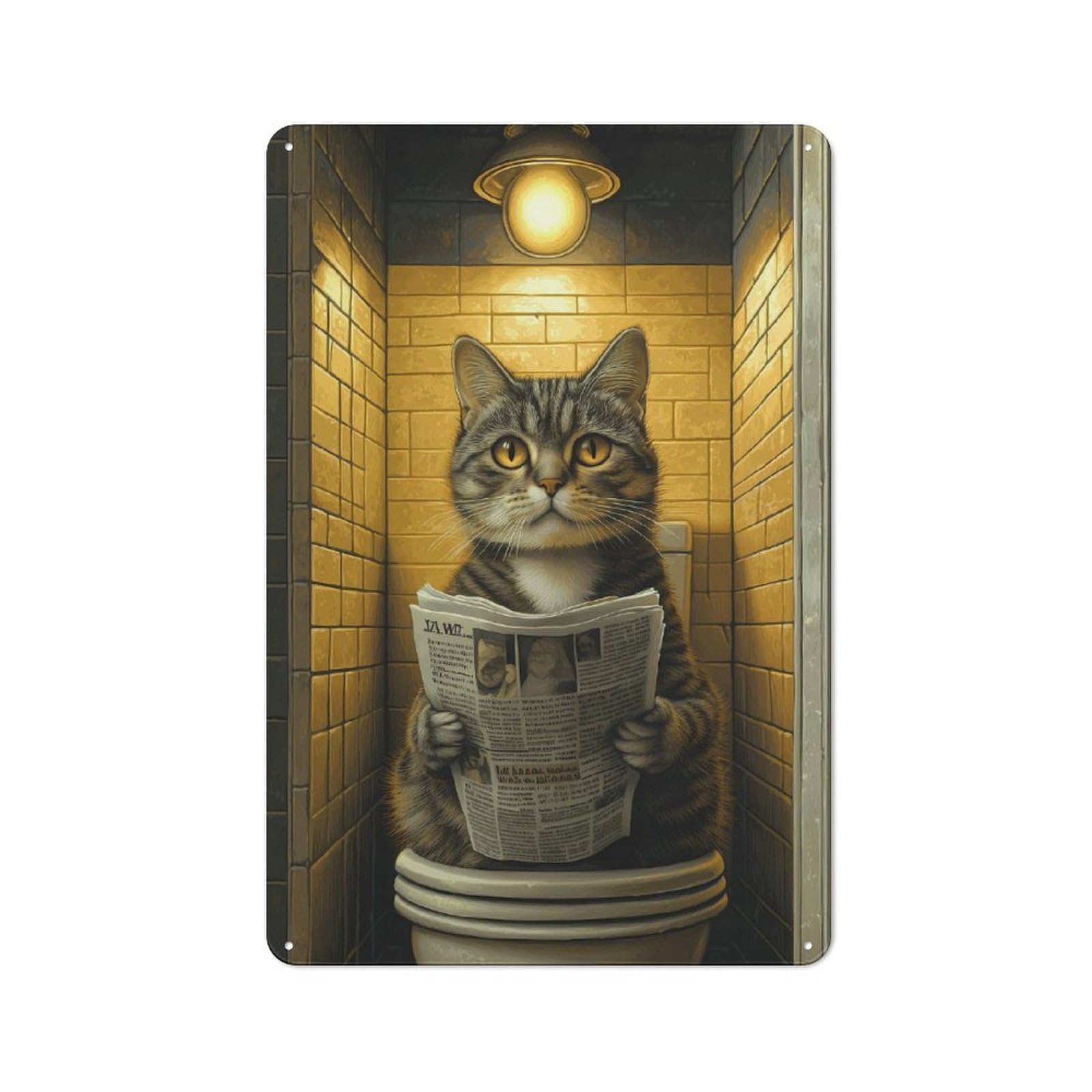 Junmoney Cat Reading Newspaper On Toilet Metal Sign 30X20cm With For Workshop Wall, Rustic Decor, Wall Decoration For Workshops And Hobby Rooms