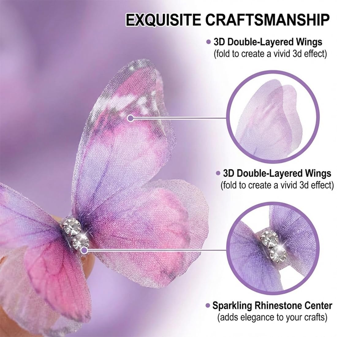 50 Pièces 3D Papillons en Tissu Organza et Chiffon Translucide, DIY, Scrapbooking, Mur et Fenêtre, Pince à Cheveux, Deco Chambre Bébé et Fille, Stickers Muraux pour Mariage
