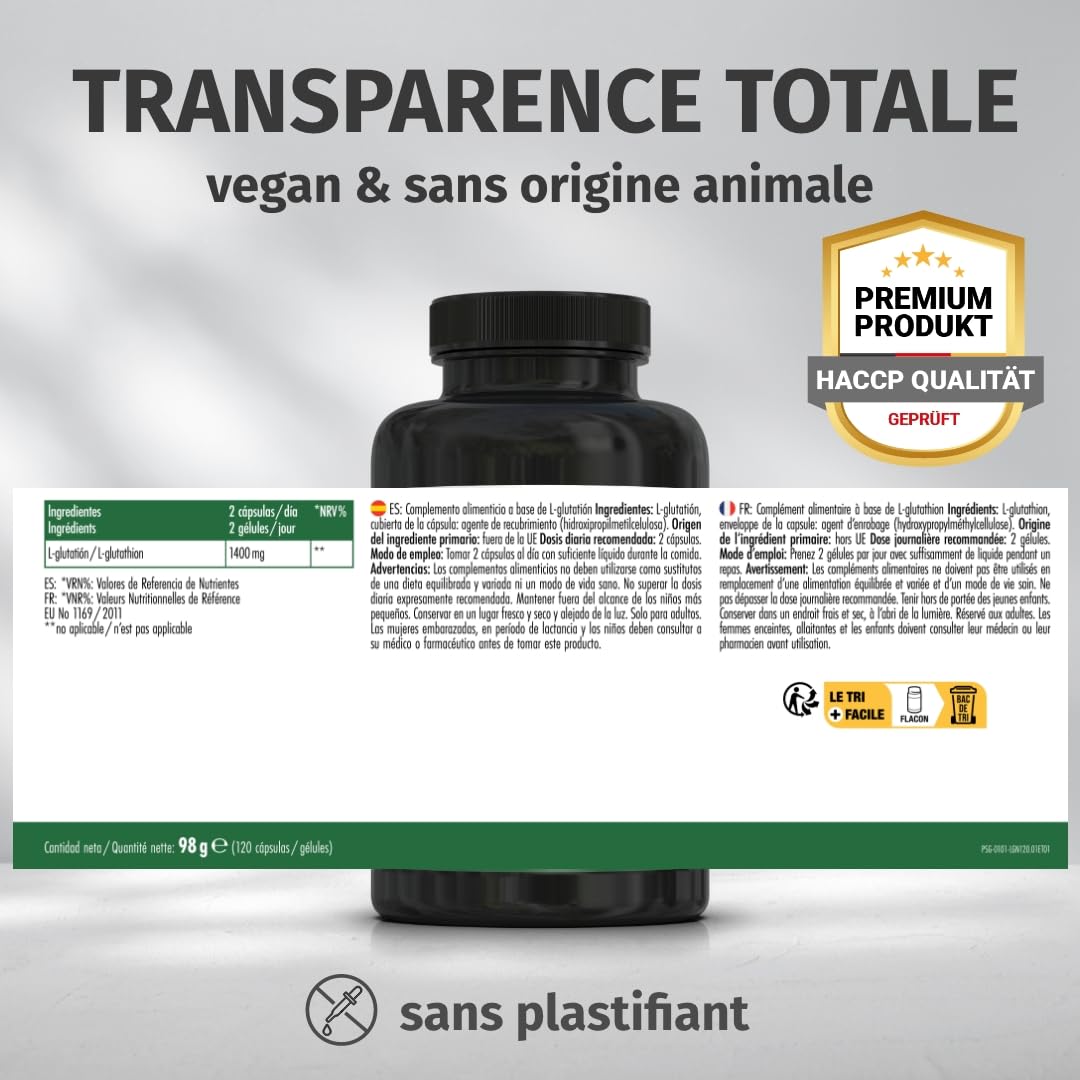 Green Naturals L-Glutathion réduit 1 400 mg par jour – 120 gélules | Issu de fermentation · Vegan · Sans additifs · Cure de 60 jours