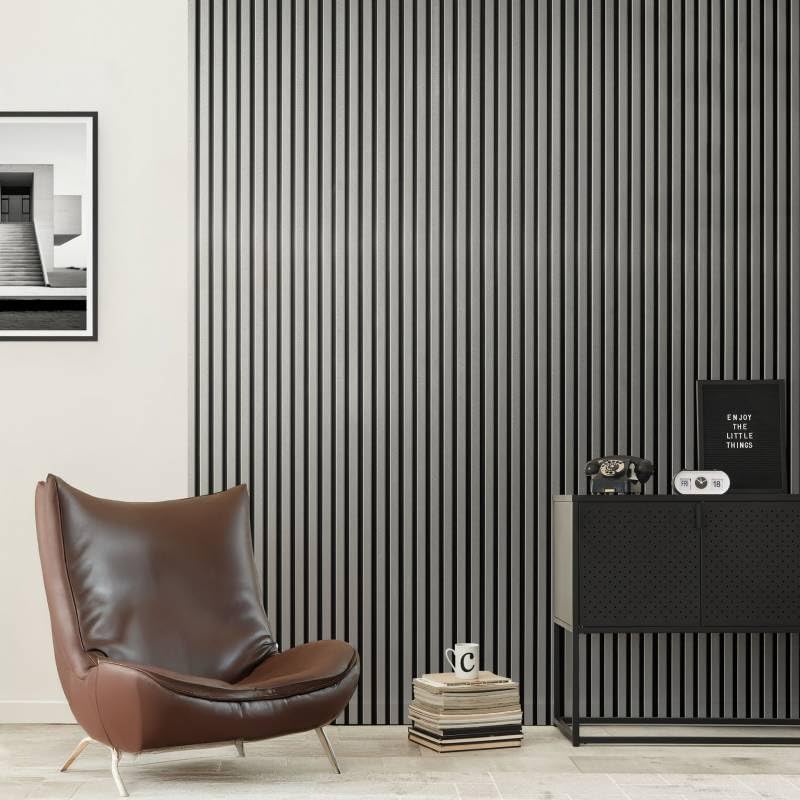 DECOON Panneau Mural Acoustique tasseaux Bois 250 x 30 x 1,9 cm - alu/Feutrine Noir - 0,75m²