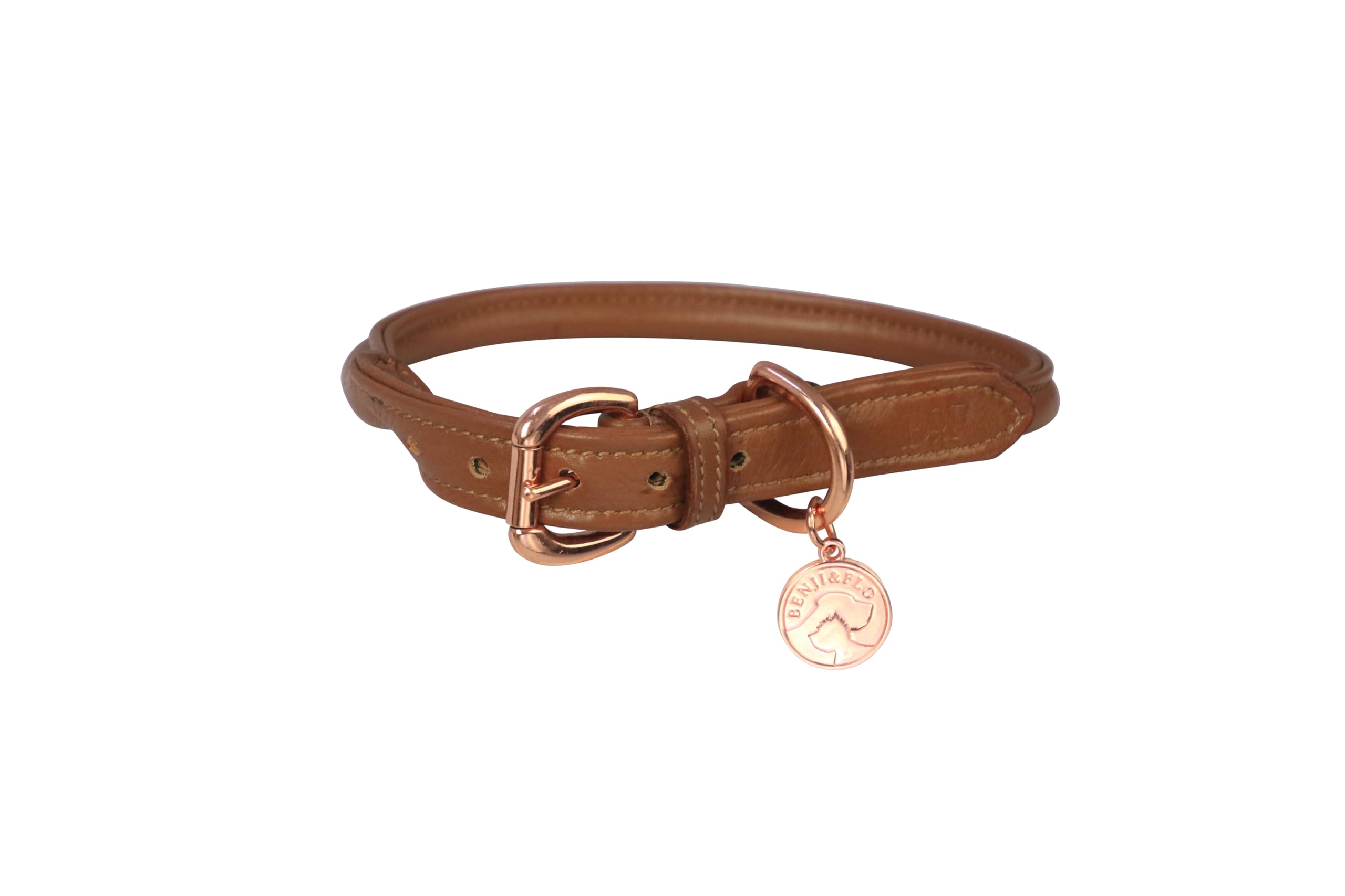 Benji & Flo Superior Rolled Leather Dog Collar (Small, Tan/Rose Gold)