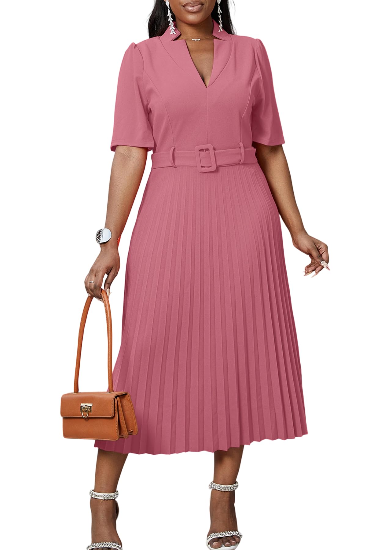 Ptorlio Elegant Midi Dresses for Women Work Cocktail Short Sleeve High Waist Pleated A Line Dress with Belt