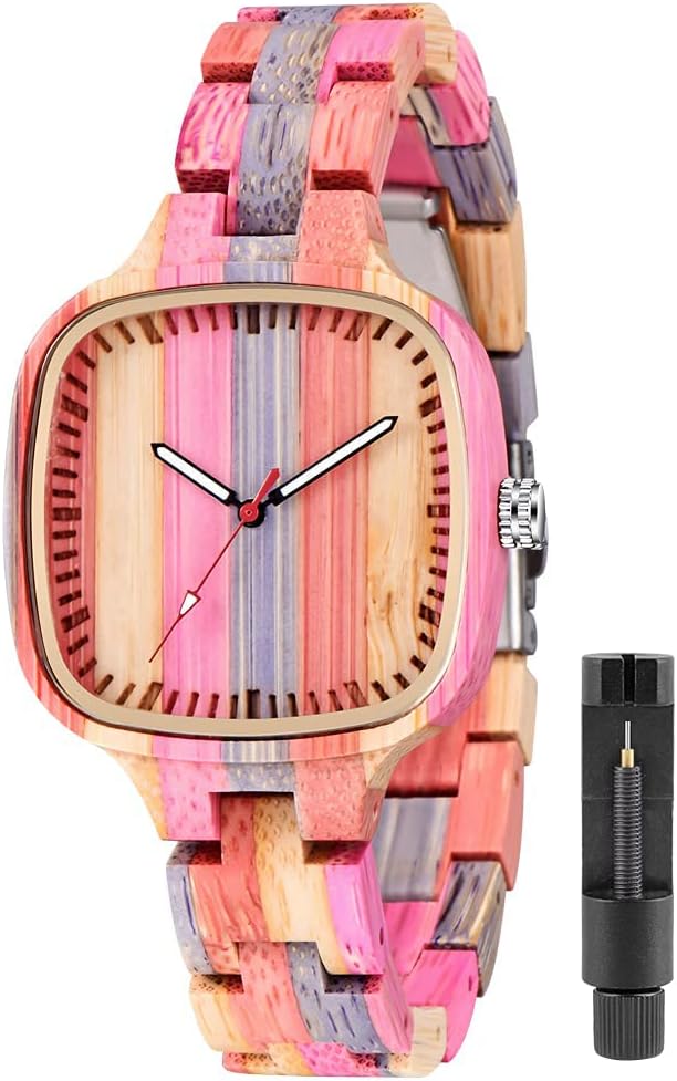 Womens Wooden Watch with All Wood Strap Analog Classic Design Colorful Bamboo Ladies Watches for Women, Couples