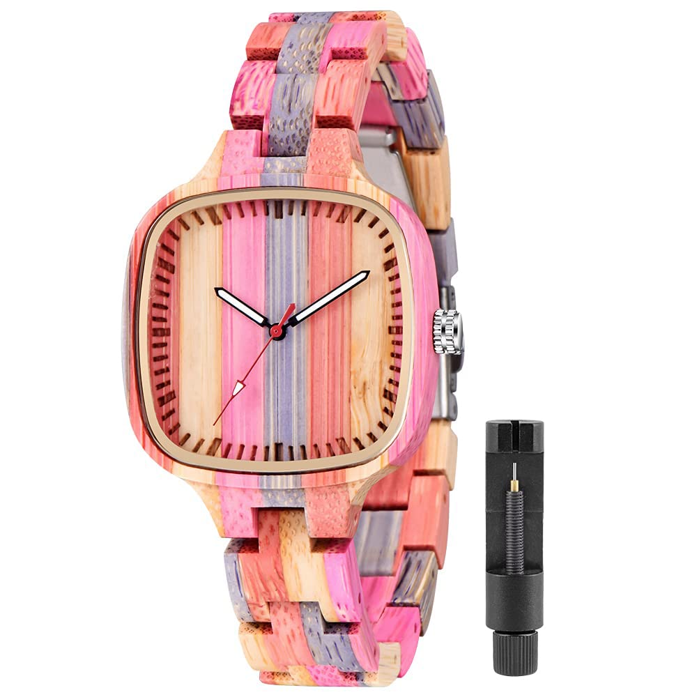 Tiong Womens Wooden Watch with All Wood Strap Analog Classic Design Colorful Bamboo Ladies Watches for Women, Couples