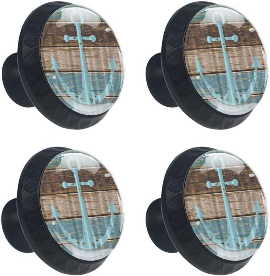 4 Pieces Set Cabinets Hardware Round Furniture Knobs Nautical Anchor Rustic Wood Print,Drawer Dresser Cupboard Wardrobe Pulls Handles for Home Kitchen