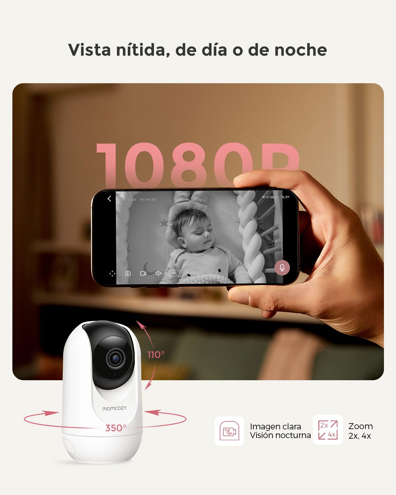 momcozy Vigilabebés WiFi de 5" con Cámara HD, Audio Bidireccional, Zoom 4X, Detección de Movimiento y Llanto, Zona Segura, Visión Nocturna Clara, Grabación de Foto y Vídeo