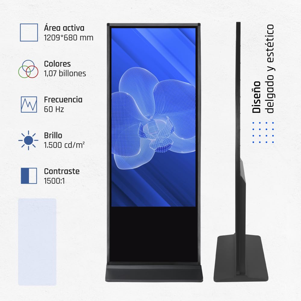 iggual Tótem Digital Interactivo Orchid 55" 4K UHD Alto Brillo-Pantalla Profesional de Señalización y Publicidad Táctil-Procesador i3-1115G- Windows 11 Pro-8GB RAM + 128GB SSD-WiFi 2x10W Altavoces