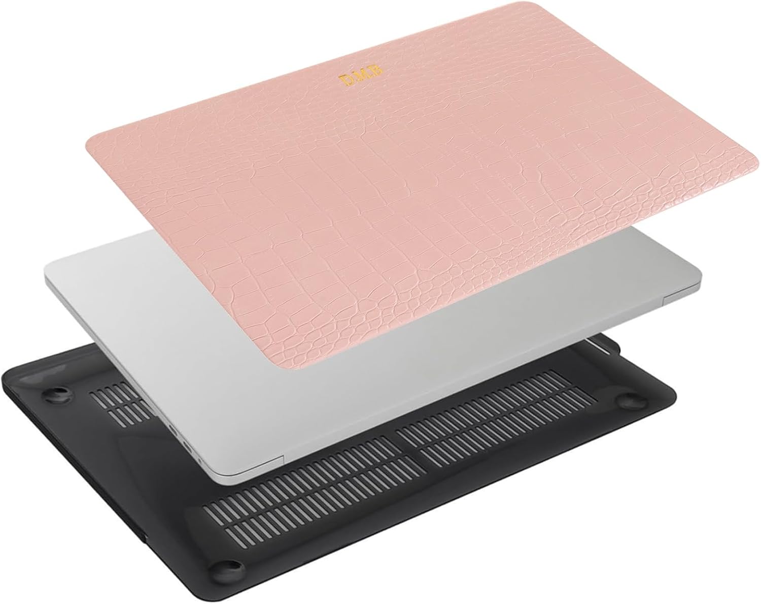 Customized Gold Silver Initial Letters Crocodile Pattern Leather Case for MacBook Air13, Pro13, 13" Retina (A1425/A1502), Pro14, Air15, Pro15, Pro16, Premium Hard Shell Cover (Pink)