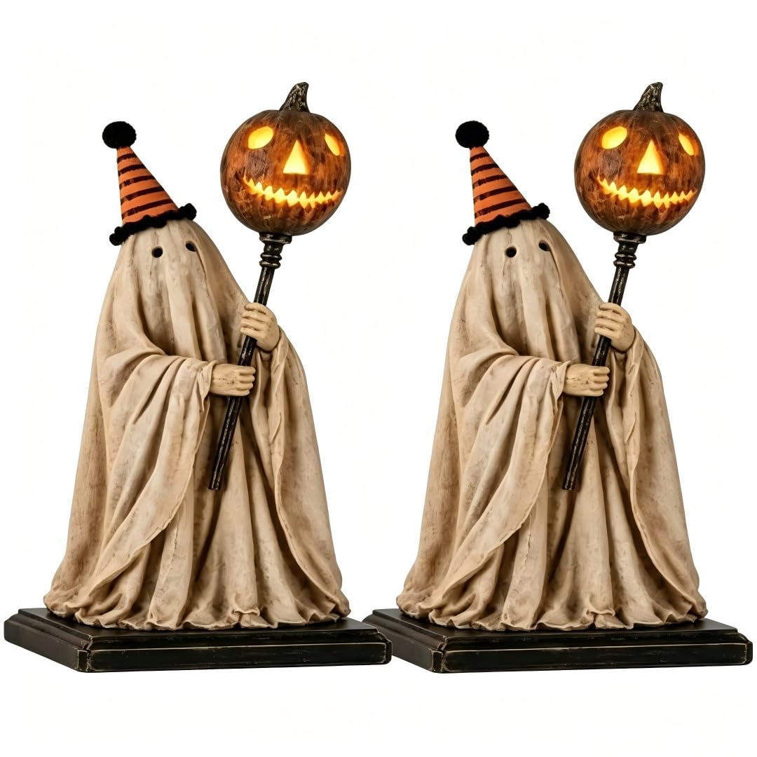 Lighted Vintage Ghost Figurine with Glowing Pumpkin Staff