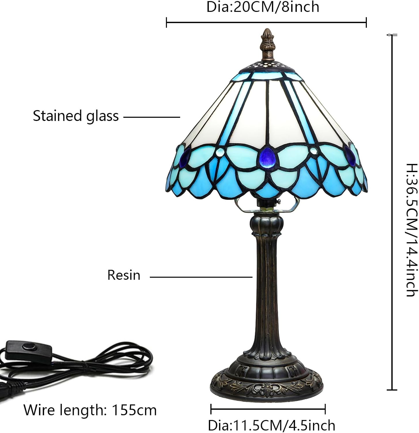 Tiffany Lamp Little Blue Butterfly Style Stained Glass Reading Lamp 8X8X14 Inch Bedroom Bedside Nightstand Night Light Home Office Desk Lamp with LED Bulb