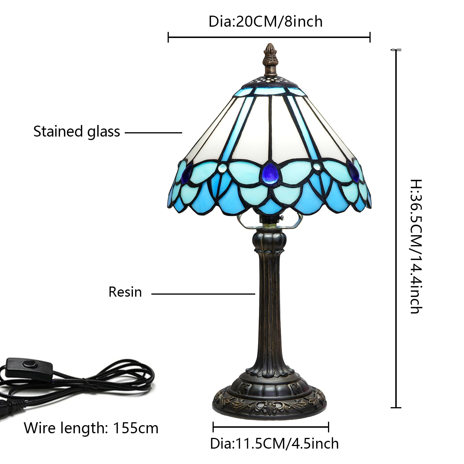 Tiffany lampa niebieska w stylu motyla, lampa do czytania, 8 x 8 x 14 cali, do sypialni, stolik nocny, lampka nocna, do domu, biura, lampa na biurko z żarówką LED