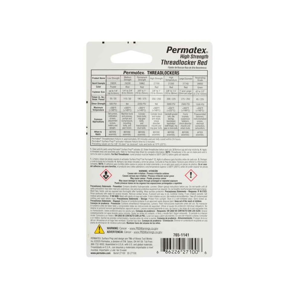 Image of Permatex 27100 .20 Oz Red High Strength Threadlocker