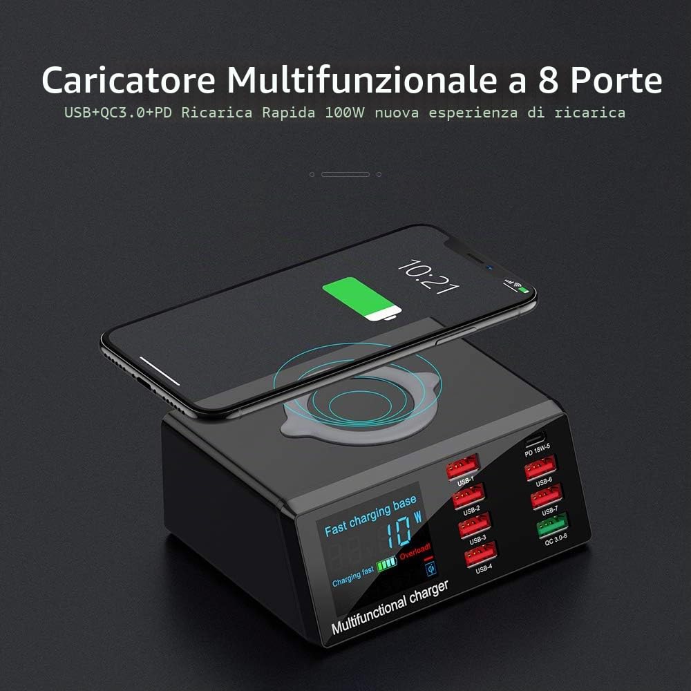 X9 - Caricatore USB wireless a 8 porte, ricarica rapida PD + QC3.0 + stazione di ricarica USB con display a LED, compatibile con telefono/laptop/tablet spina UE