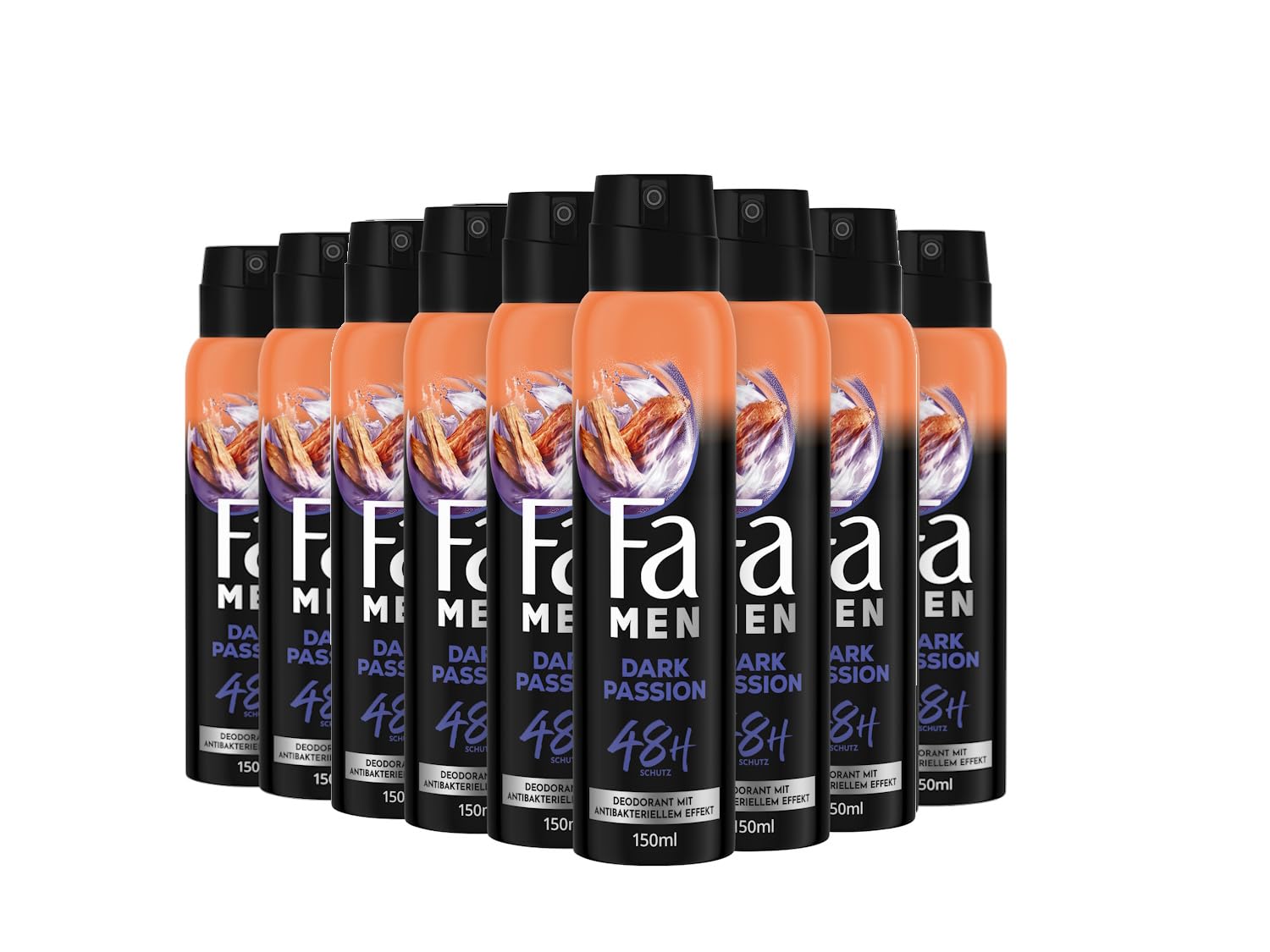 Fa Desodorante y spray corporal Men Dark Passion (9 x 150 ml), desodorante en spray con aroma fresco y sensual, desodorante sin aluminio para una protección de hasta 48 horas, no deja residuos de