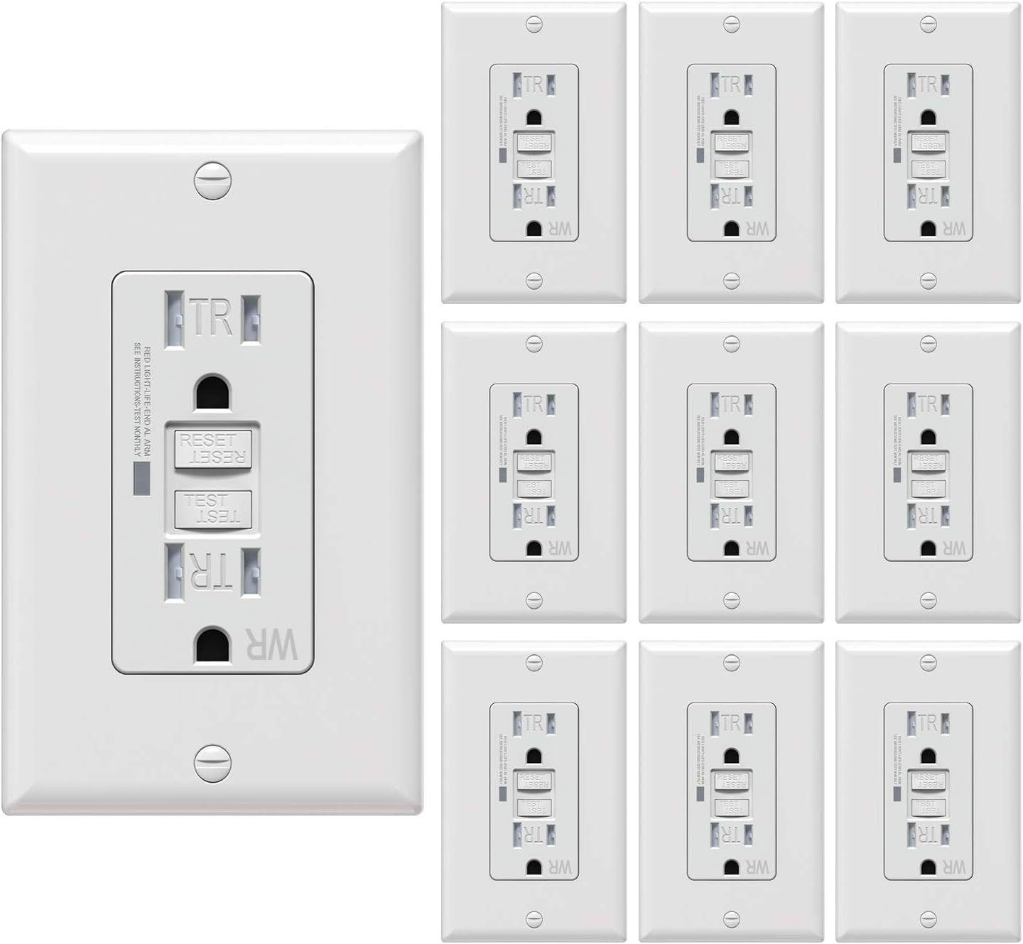 [10 Pack] WEBANG Self-Test GFCI Outlets, Tamper-Resistant and Weather-Resistant, GFCI Receptacle with LED Indicator, Decorative Wall Plates and Screws Included, 15 Amp/125 Volt, White