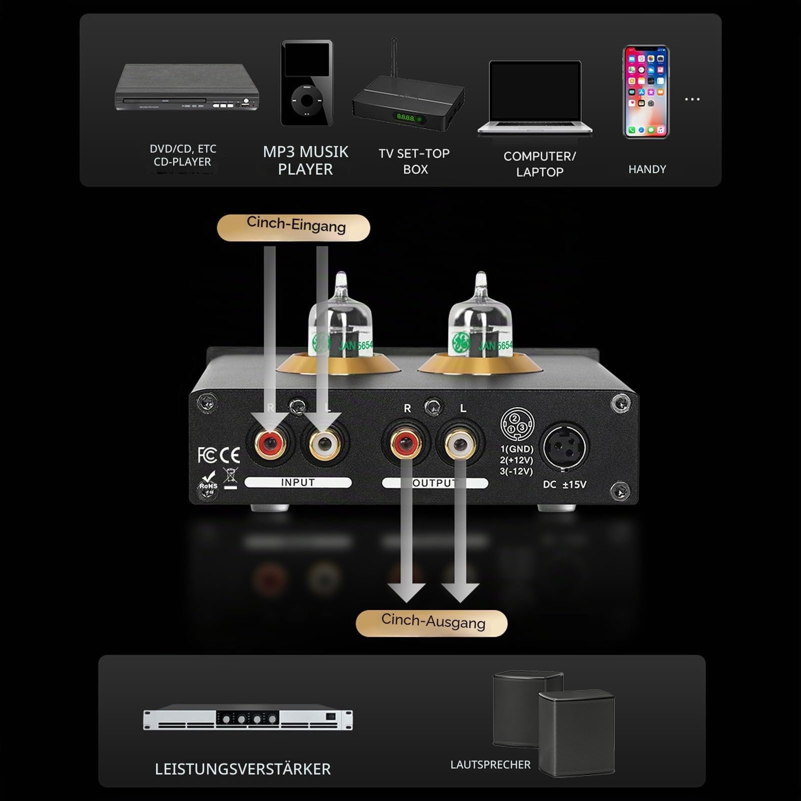 Audio Equalizer 3-Band EQ Röhrenvorverstärker für HiFi-Systeme mit JAN5654 6J1 6J4 6J5 6AK5 Kompatibilität für DVD CD MP3 Player Computer Smartphones (summina7fqks9vnye-12)