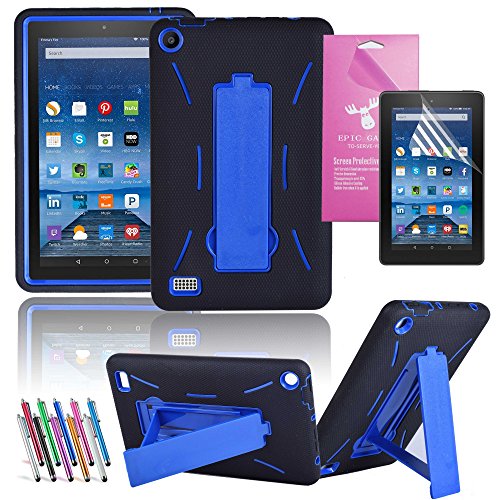 EpicGadget Heavy duty Hybrid Full Protection Case with Kickstand, Screen Protector and stylus for 7-inch Amazon Fire-5th Generation - Black/Blue