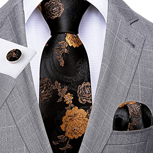 Image of Barry.Wang Flower Ties for Men Handkerchief Cufflinks Set Wedding Necktie Set Party