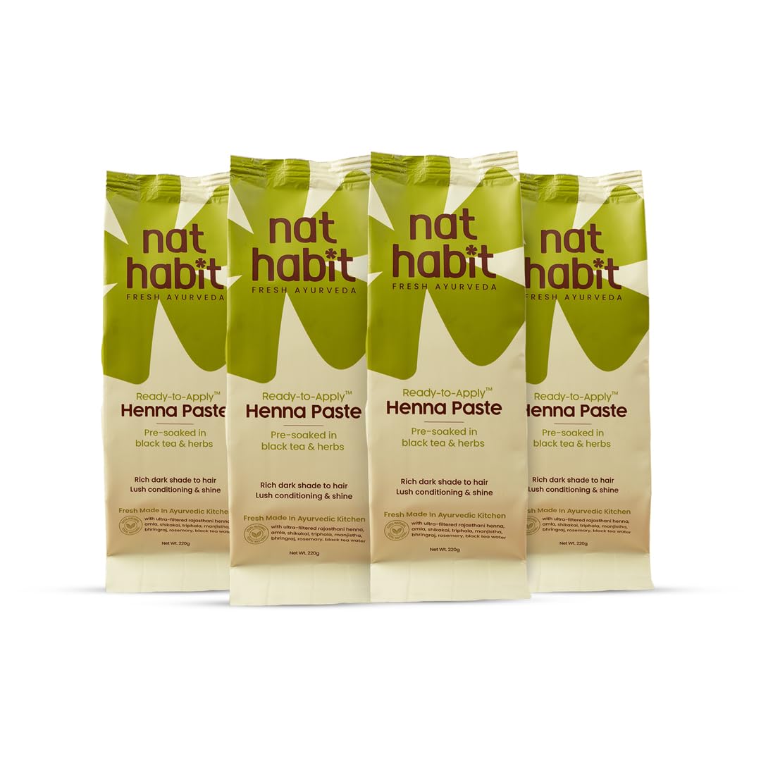 Nat Habit Henna Paste, Pre-Soaked in Black Tea and Herbs, 100% Natural Rajasthani Henna - (Pack of 4 x 220g)