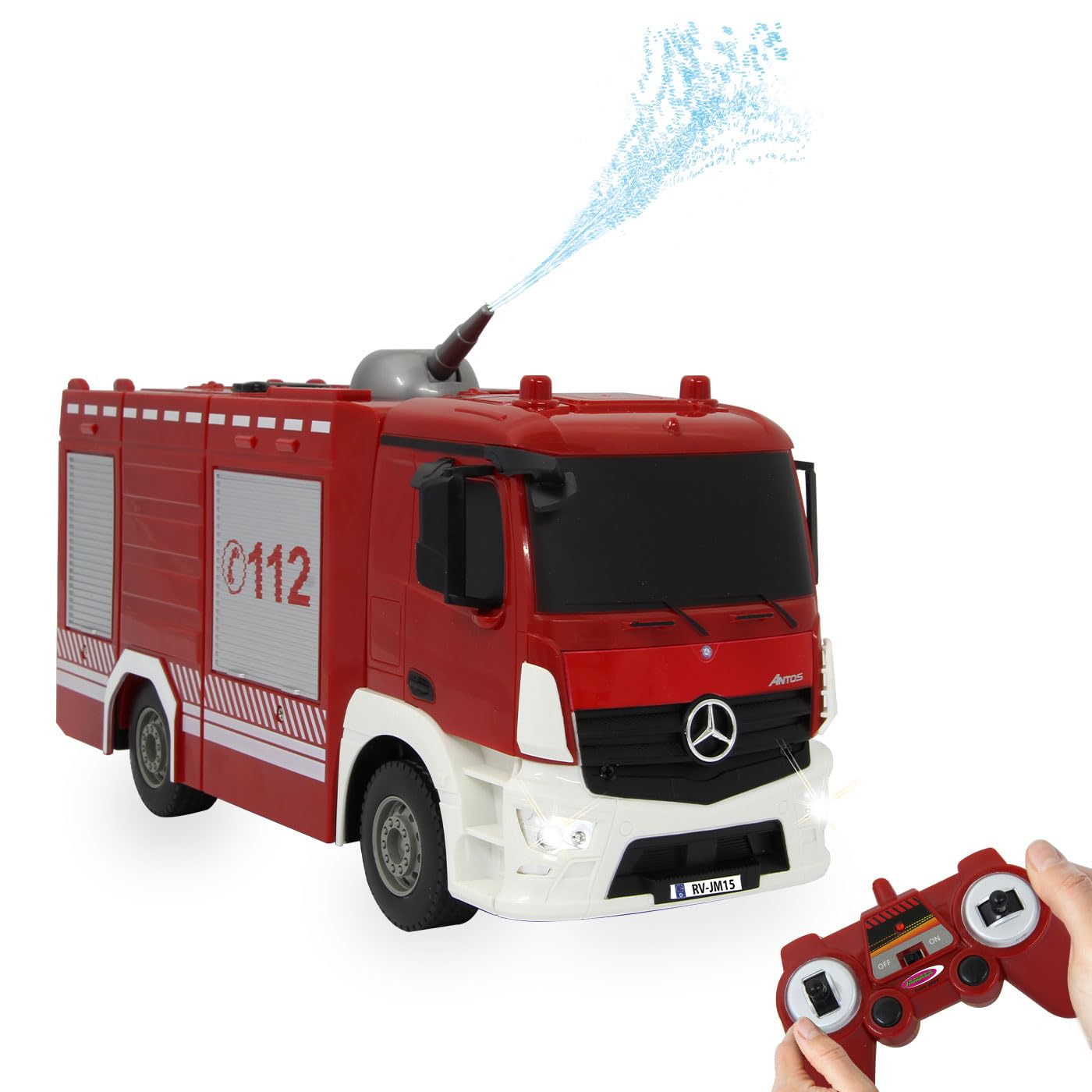JAMARA 404970 - Feuerwehr TLF mit Spritzfunktion Mercedes-Benz Antos 1:26 2,4GHz - 360° manuell drehbare auf/ab bewegbare Spritzdüse, Reale Spritzfunktion, Licht vorne, Wassertank 160ml
