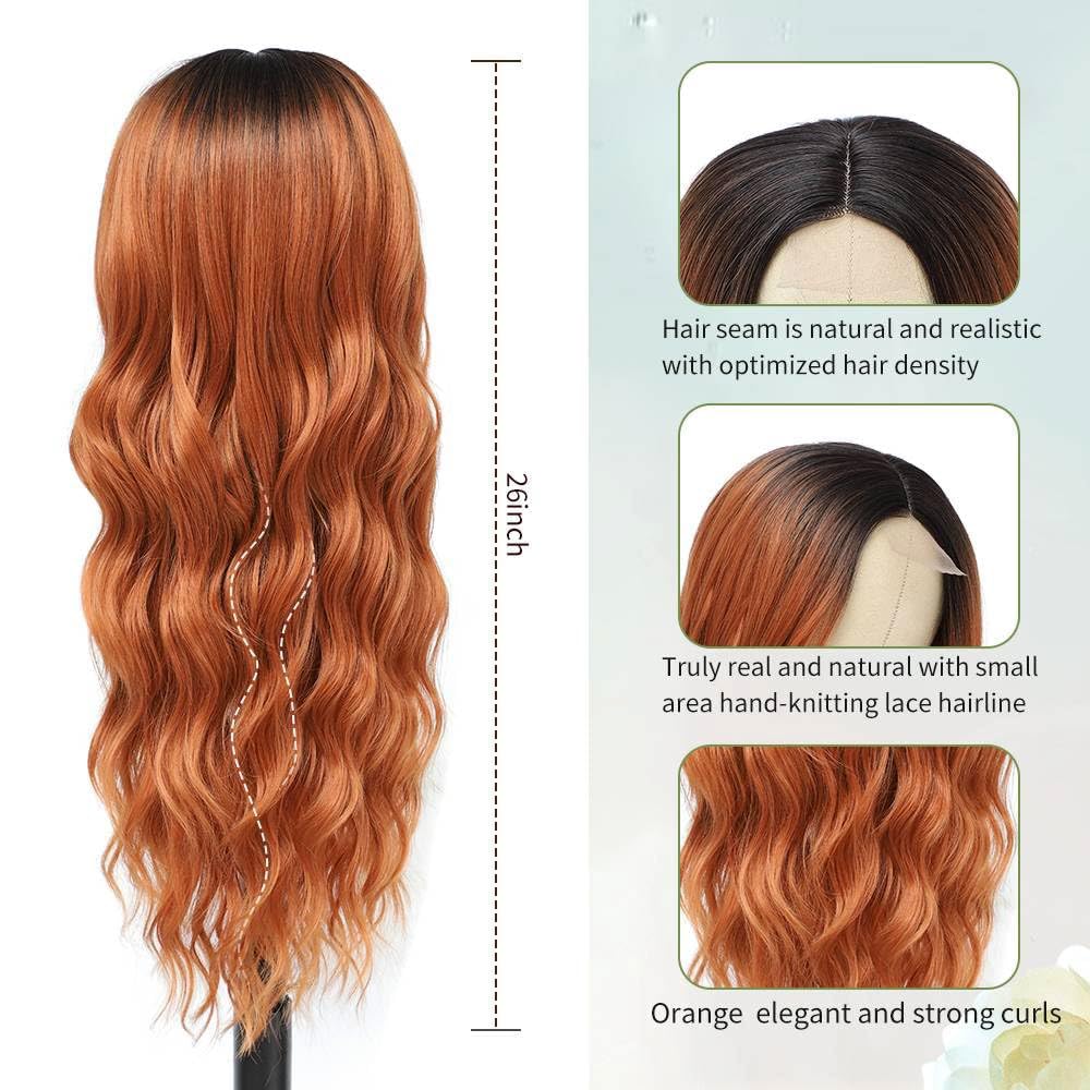 Mabufun Wigs for Women Middle Part Curly Synthetic Hair Natural Looking Heat Resistant Fiber for Daily Party Use (Ombre Orange) - Image 3