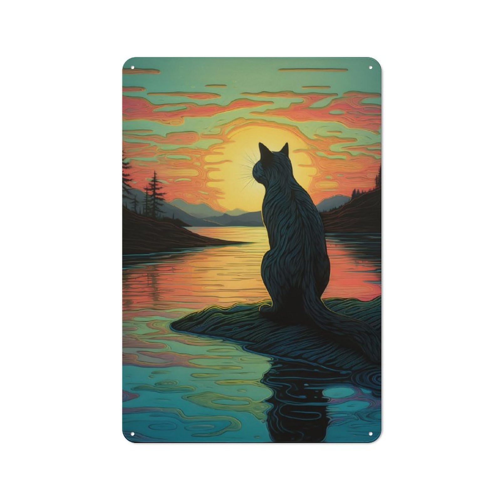 Junmoney Cat Sunset Retro Metal Wall Sign 30X20cm With For Pub Or Café, A Housewarming Gift For Hospitality Wall Decor Collectors