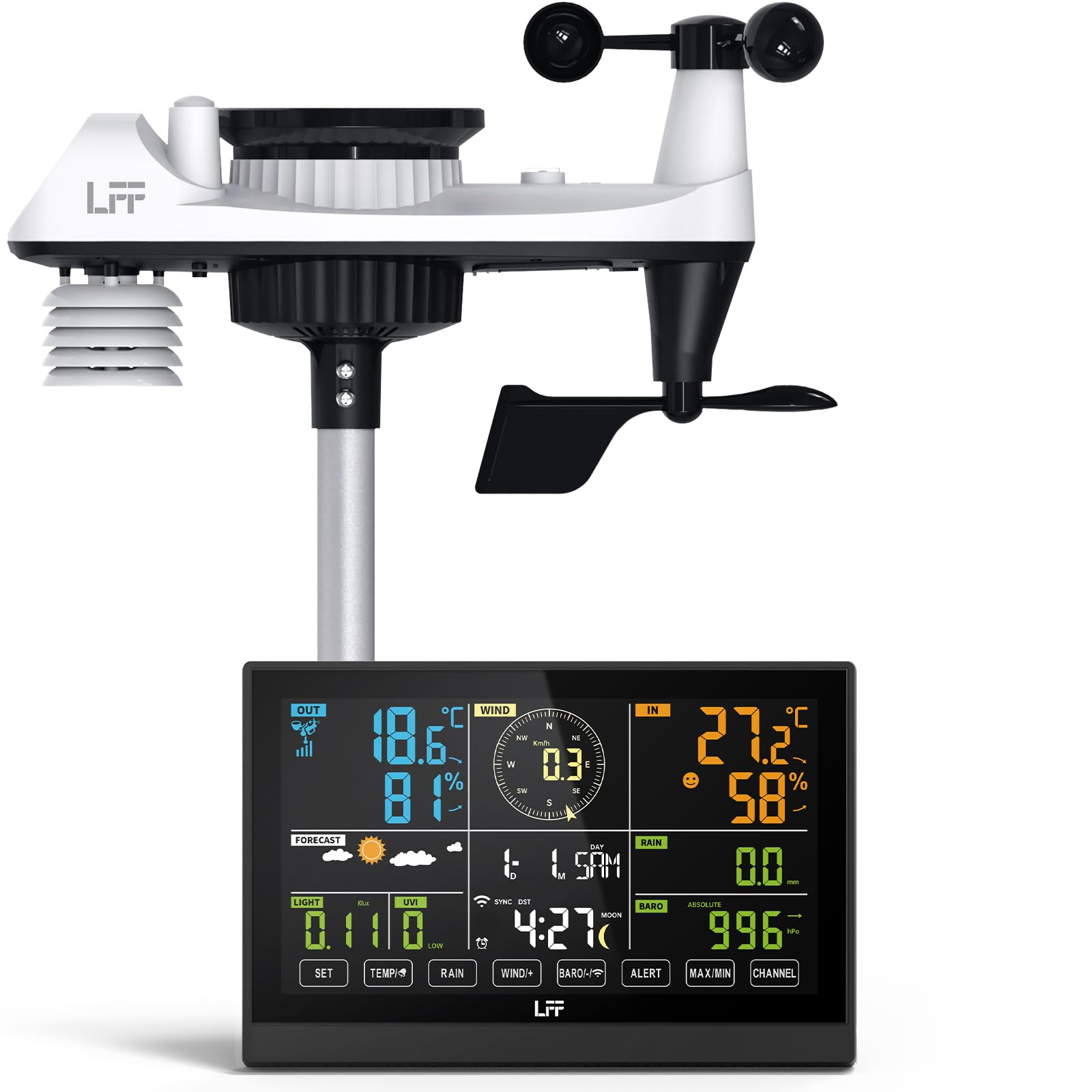 LFF WLAN 7-In-1 Wetterstation Funk mit Außensensor, 7,5 Zoll Display,Wetterstation mit Smart Life-App,Wetterstation mit 4 Stufen Hintergrundbeleuchtung,UV-Index,Windmesser,Regenmesser,Wettervorhersage